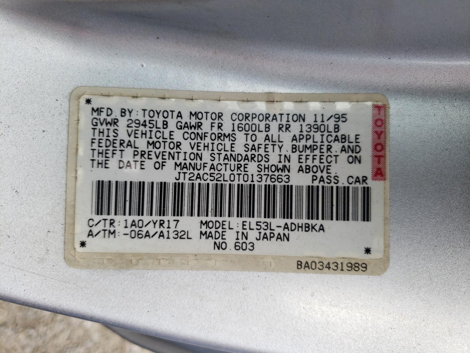 Photo 10 from auction – 1996 TOYOTA TERCEL DX with VIN JT2AC52L0T0137663