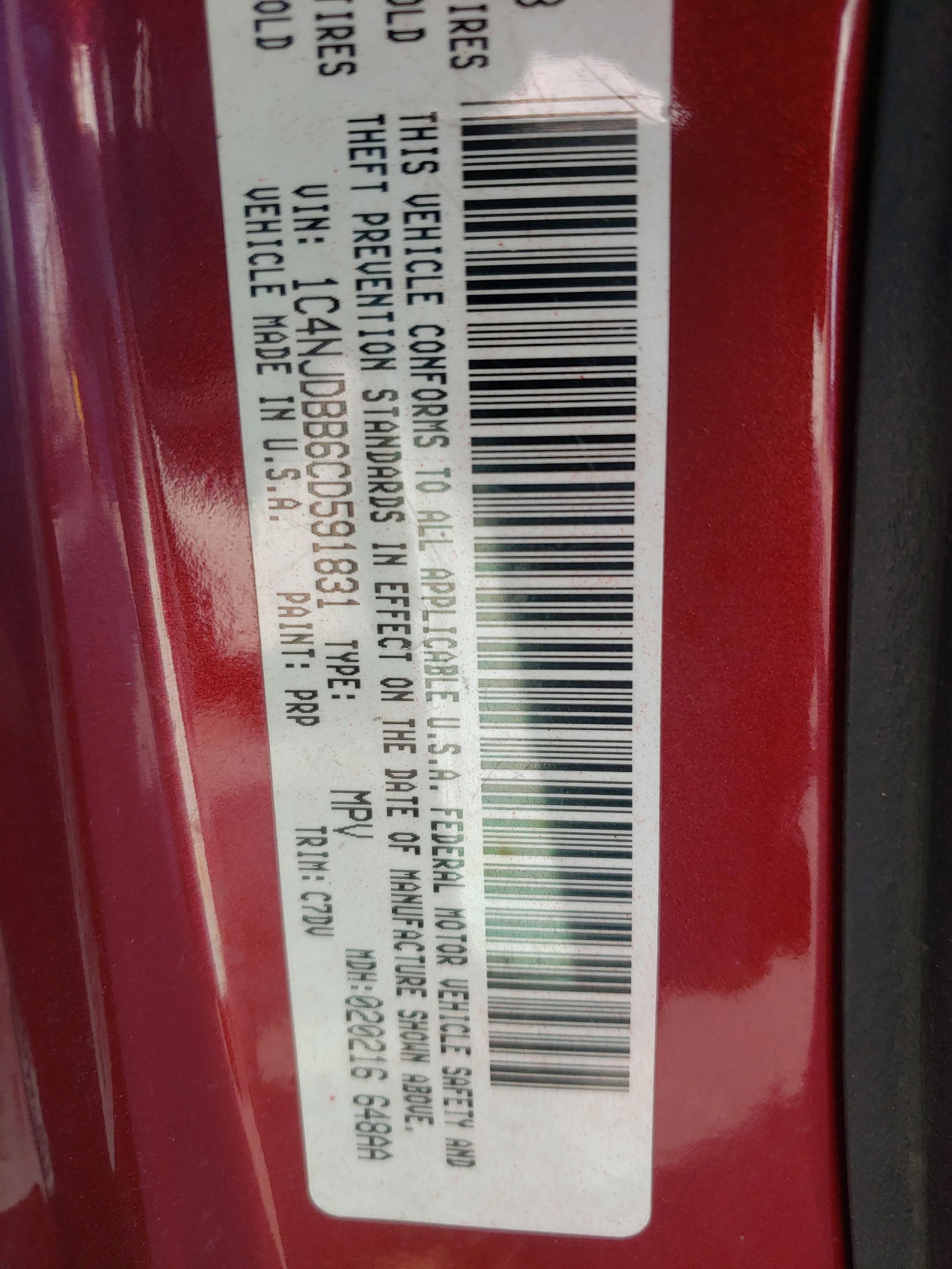 Photo 10 from auction – 2012 JEEP COMPASS SP with VIN 1C4NJDBB6CD591831