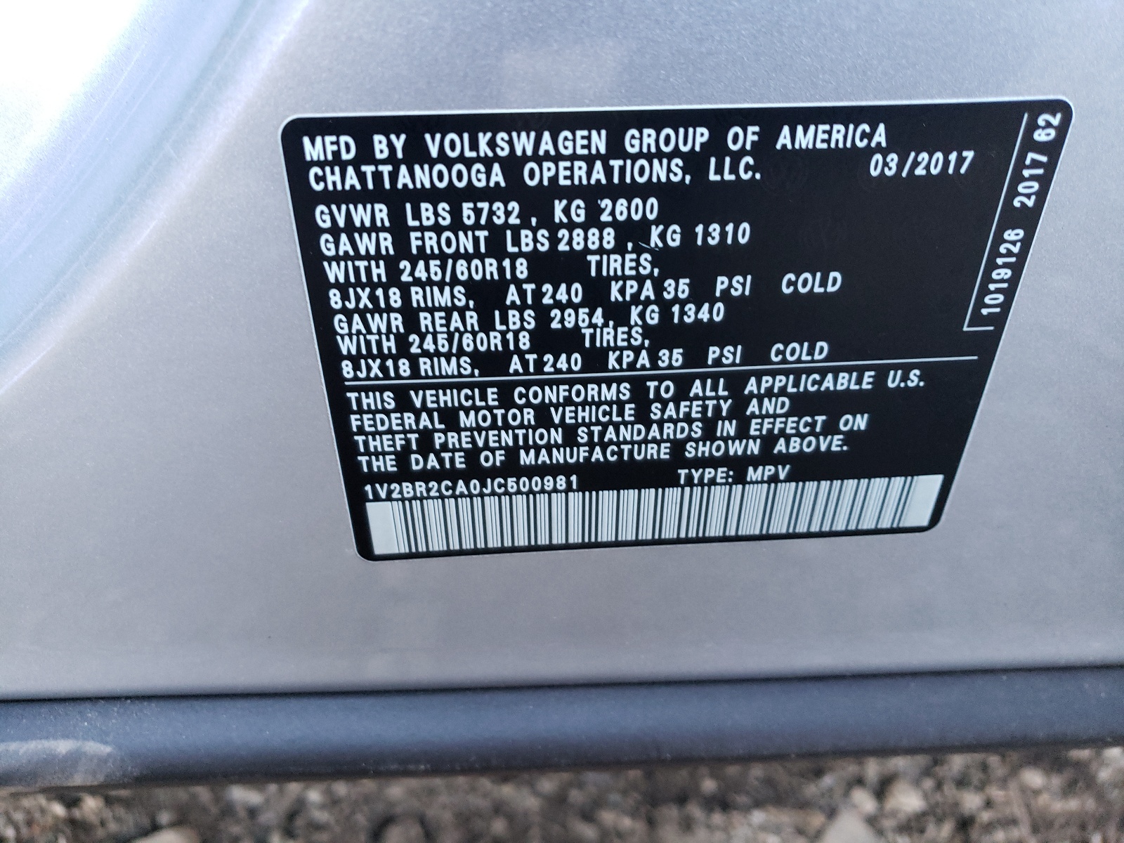 Photo 10 from auction – 2018 VOLKSWAGEN ATLAS with VIN 1V2BR2CA0JC500981