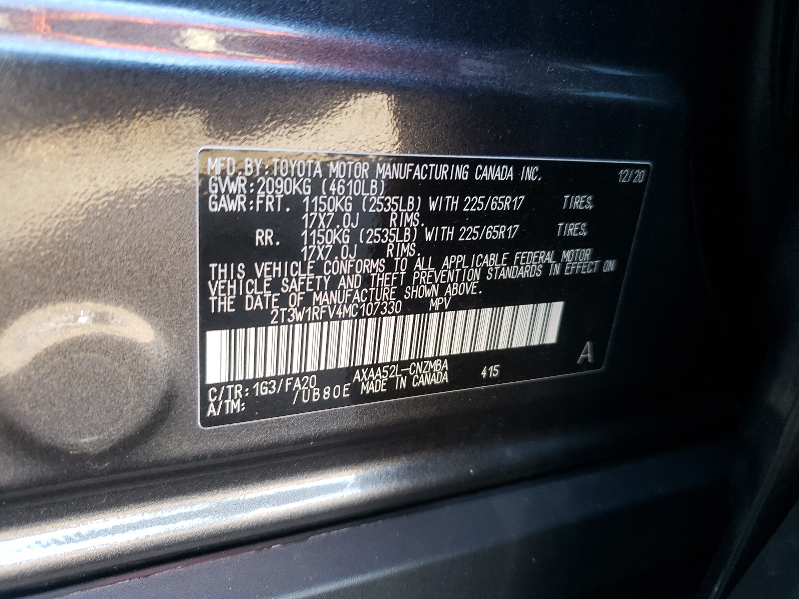 Photo 10 from auction – 2021 TOYOTA RAV4 XLE with VIN 2T3W1RFV4MC107330