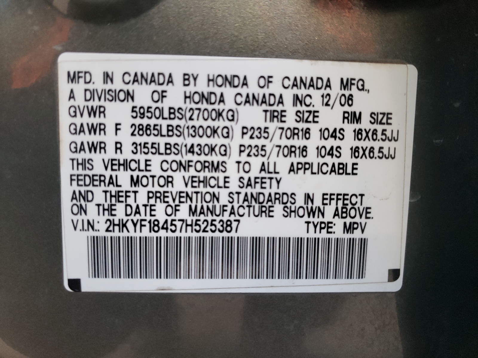Photo 10 from auction – 2007 HONDA PILOT EX with VIN 2HKYF18457H525387