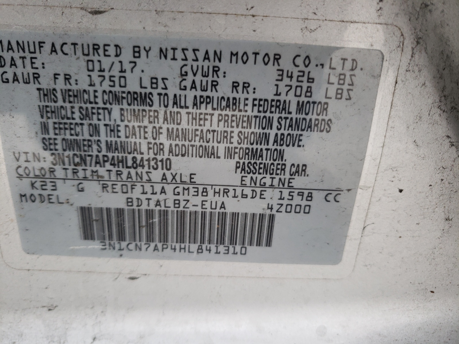 Photo 10 from auction – 2017 NISSAN VERSA S with VIN 3N1CN7AP4HL841310