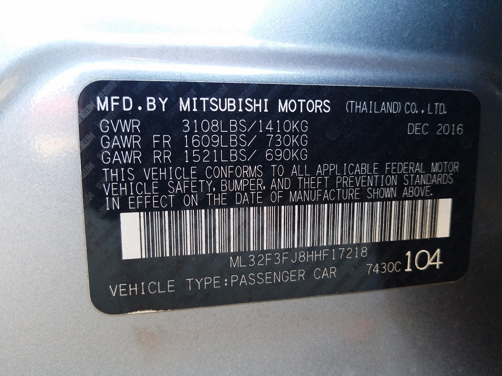 Photo 10 from auction – 2017 MITSUBISHI MIRAGE G4 with VIN ML32F3FJ8HHF17218