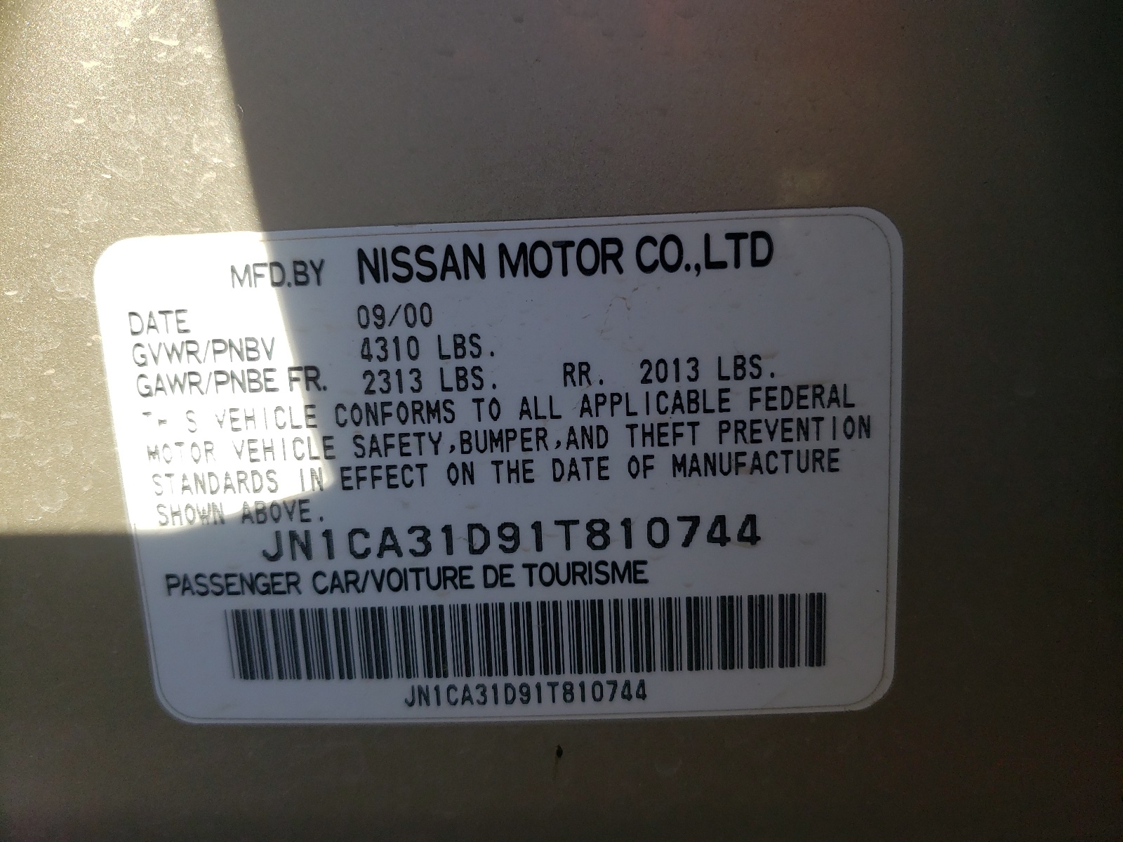 Photo 10 from auction – 2001 NISSAN MAXIMA GXE with VIN JN1CA31D91T810744