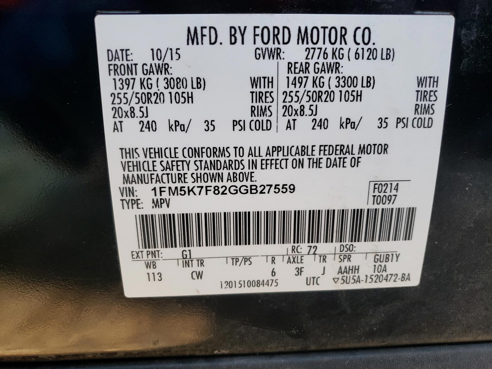 Photo 10 from auction – 2016 FORD EXPLORER L with VIN 1FM5K7F82GGB27559