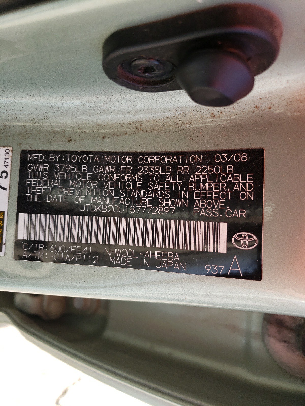 Photo 10 from auction – 2008 TOYOTA PRIUS with VIN JTDKB20U187772897
