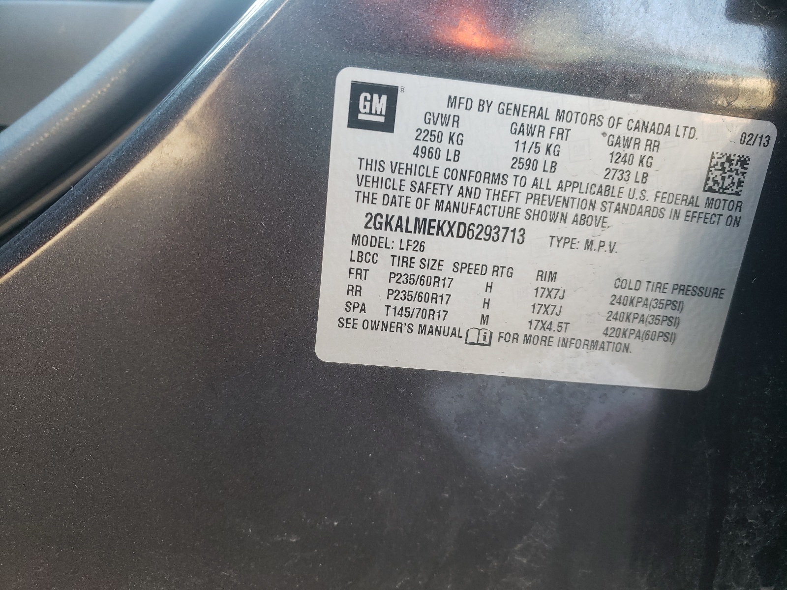 Photo 10 from auction – 2013 GMC TERRAIN SL with VIN 2GKALMEKXD6293713