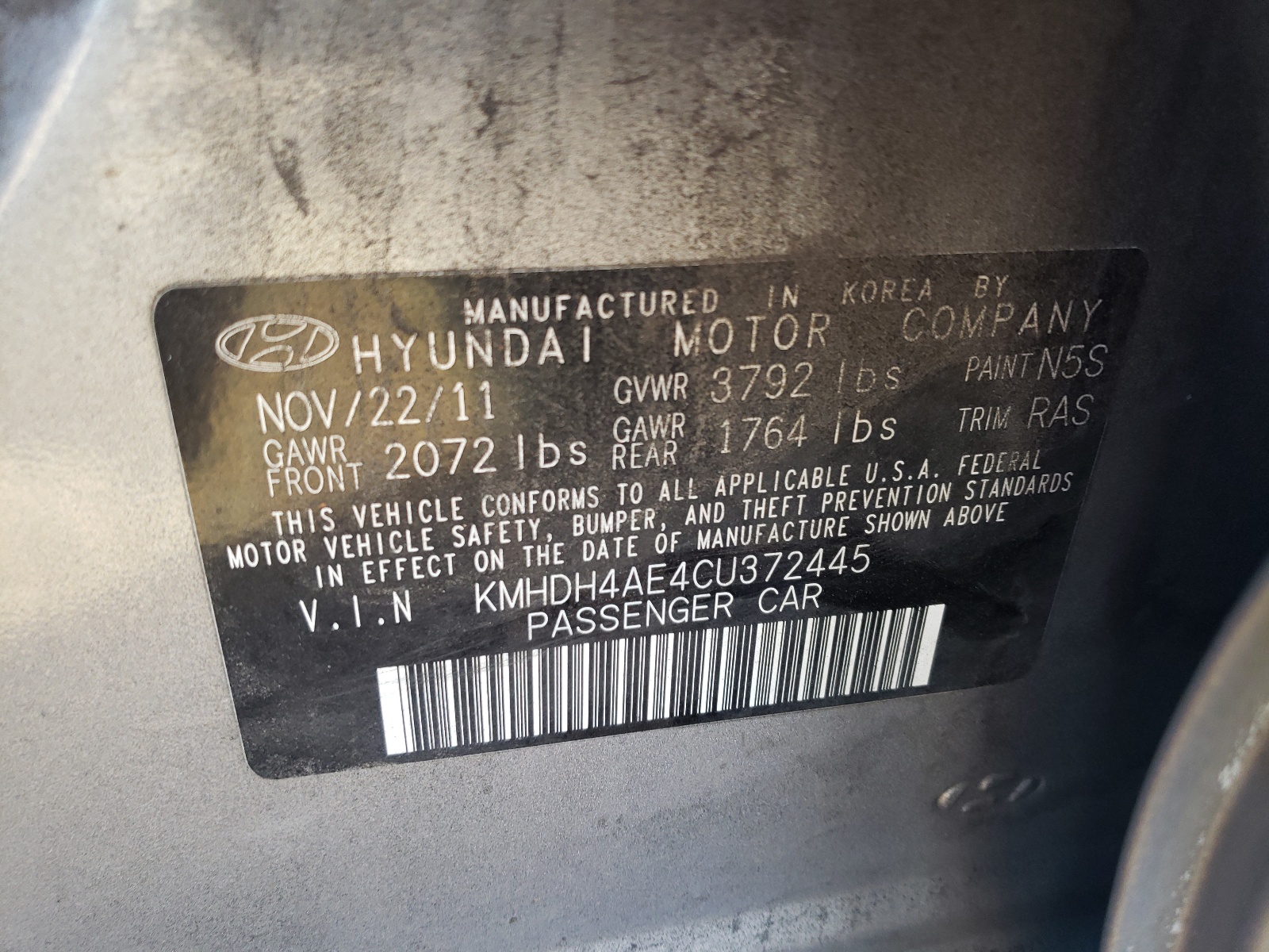 Photo 10 from auction – 2012 HYUNDAI ELANTRA GL with VIN KMHDH4AE4CU372445