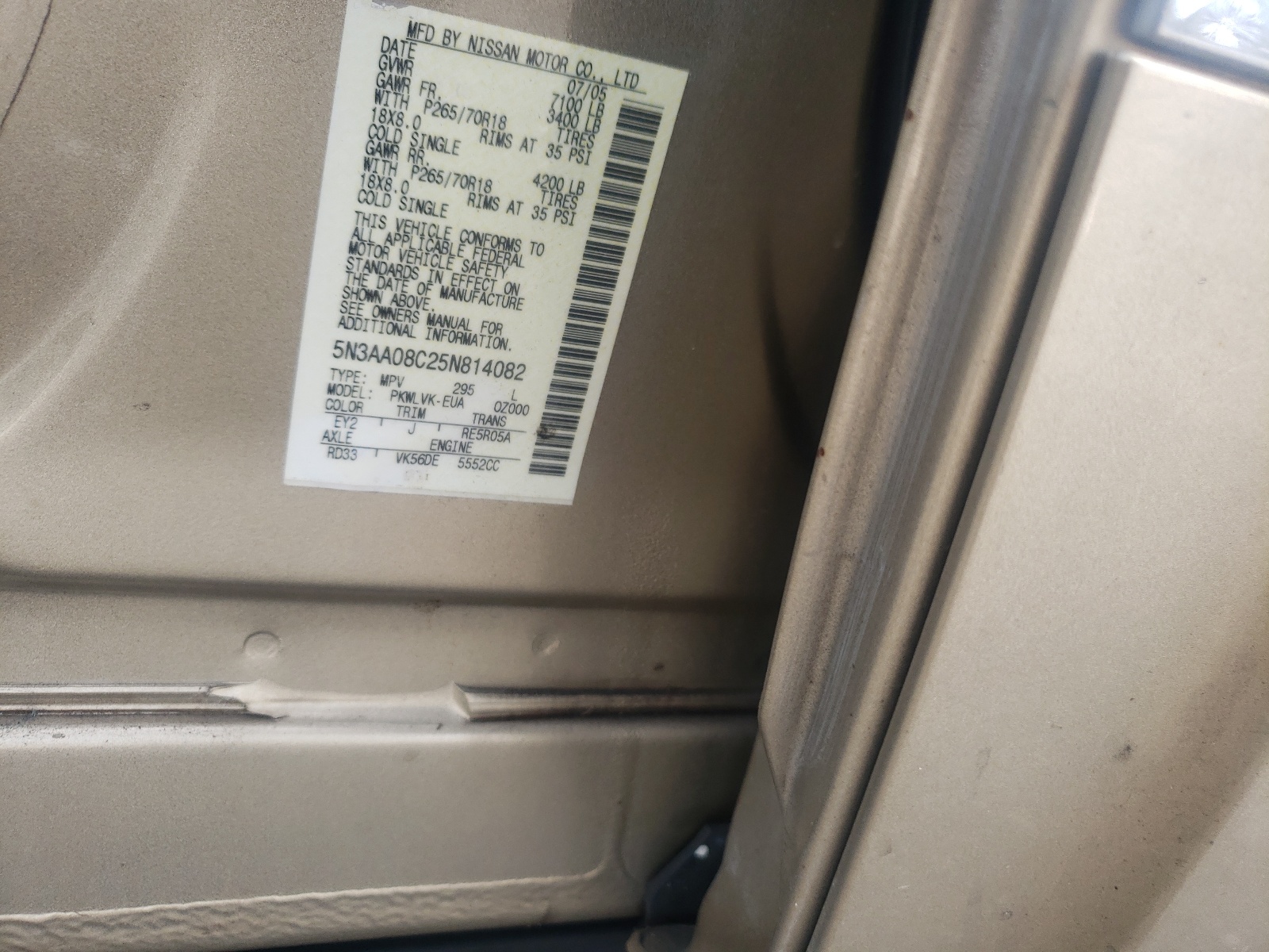 Photo 10 from auction – 2005 INFINITI QX56 with VIN 5N3AA08C25N814082