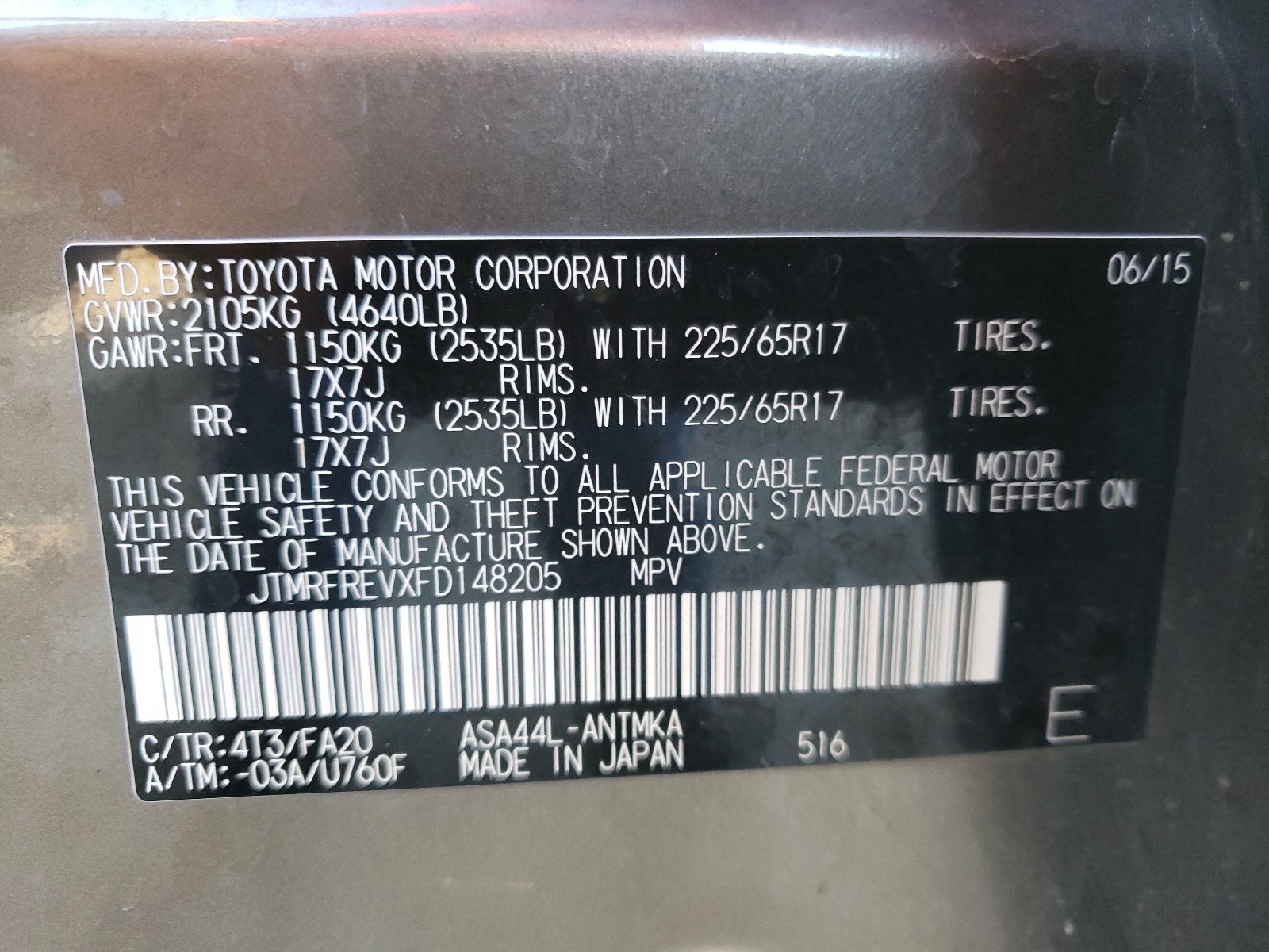 Photo 10 from auction – 2015 TOYOTA RAV4 XLE with VIN JTMRFREVXFD148205