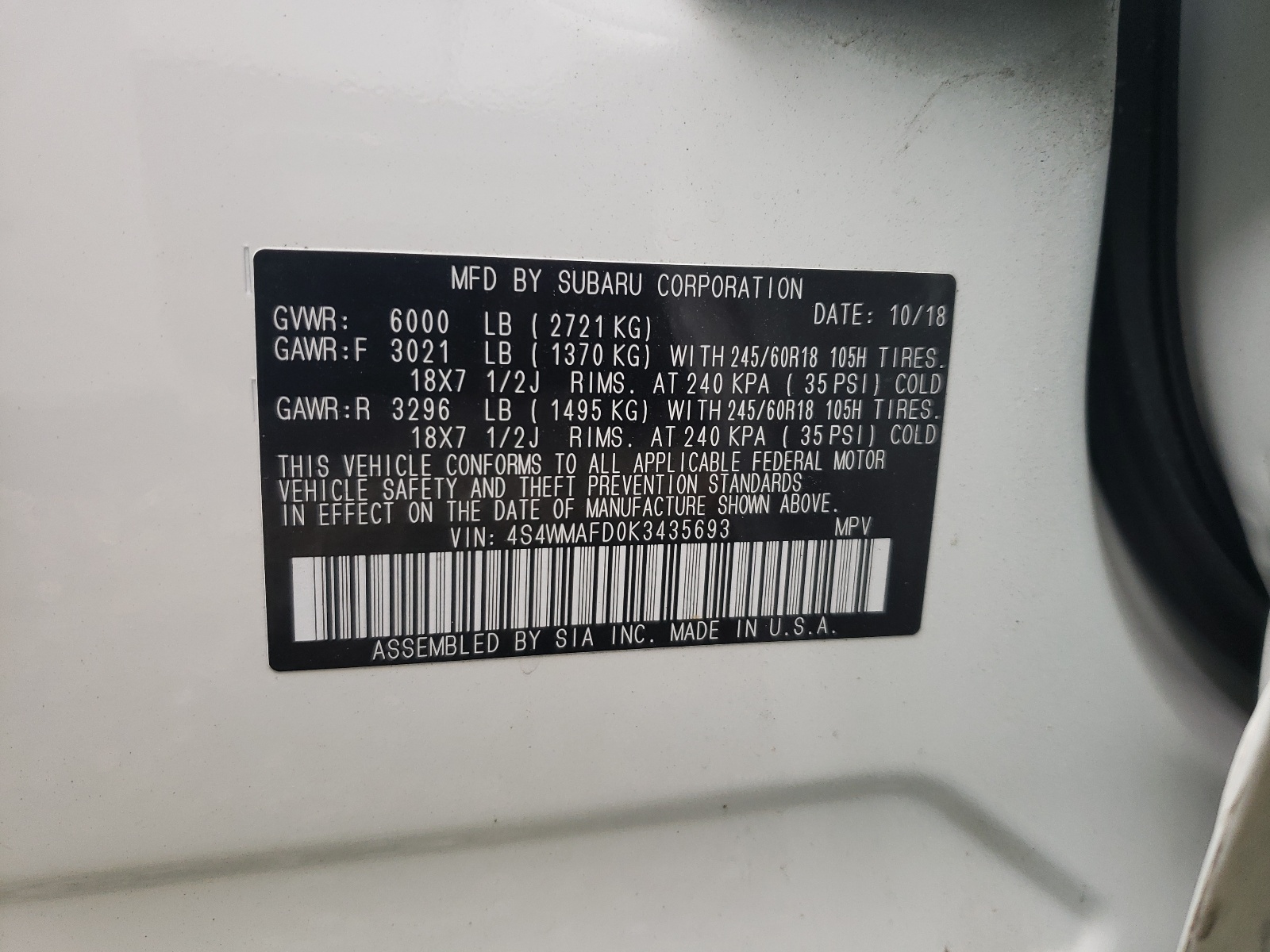 Photo 10 from auction – 2019 SUBARU ASCENT PRE with VIN 4S4WMAFD0K3435693