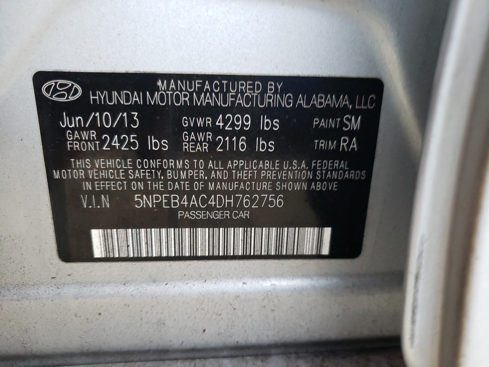 Photo 10 from auction – 2013 HYUNDAI SONATA GLS with VIN 5NPEB4AC4DH762756