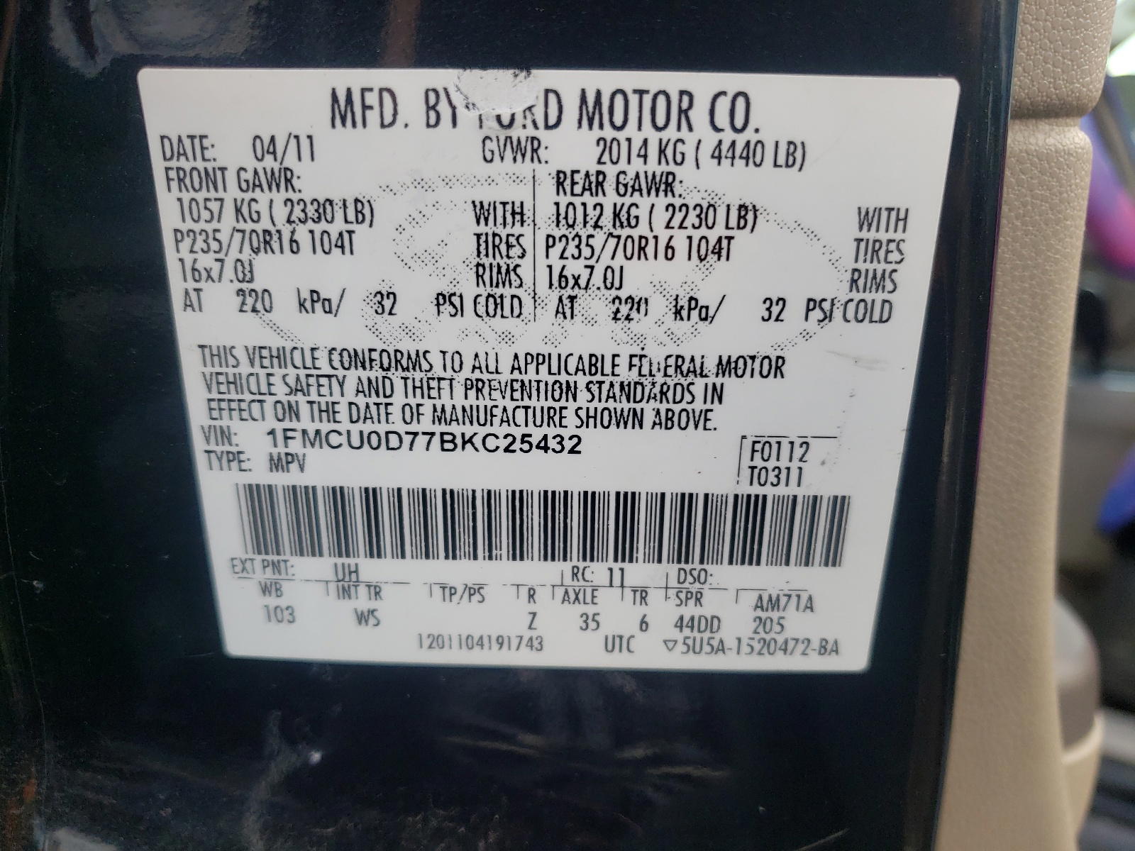 Photo 10 from auction – 2011 FORD ESCAPE XLT with VIN 1FMCU0D77BKC25432