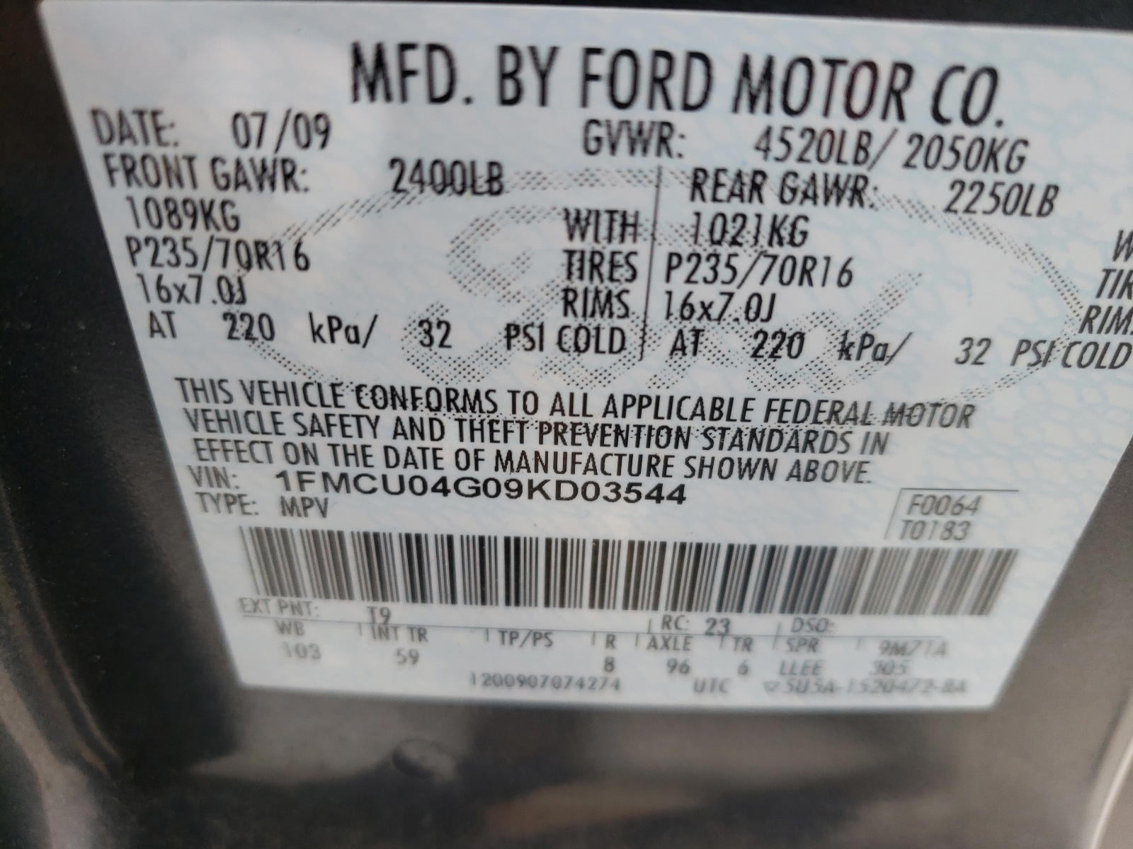 Photo 10 from auction – 2009 FORD ESCAPE LIM with VIN 1FMCU04G09KD03544