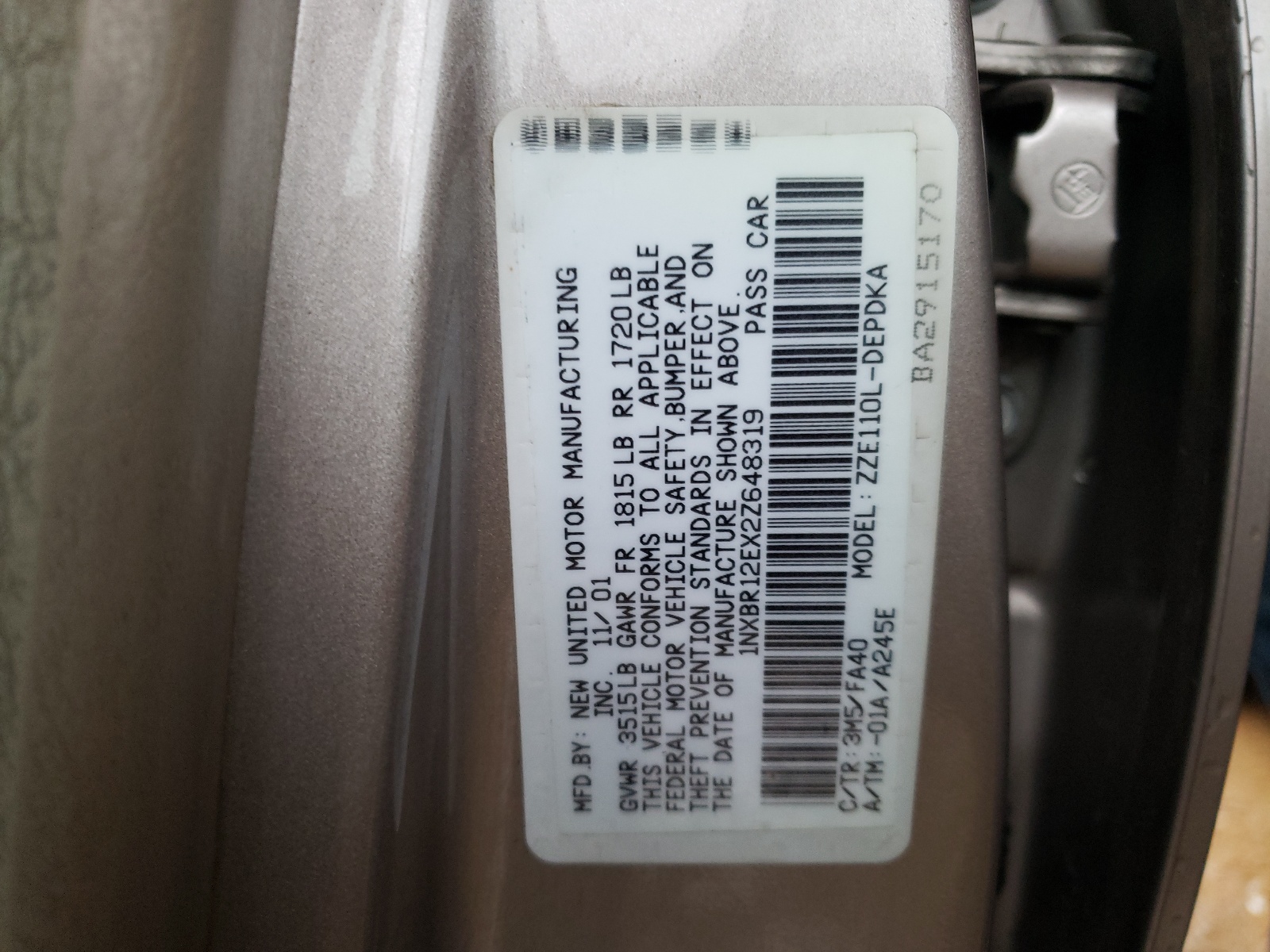 Photo 10 from auction – 2002 TOYOTA COROLLA CE with VIN 1NXBR12EX2Z648319