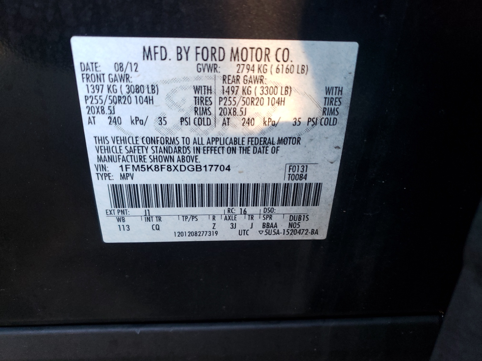 Photo 10 from auction – 2013 FORD EXPLORER L with VIN 1FM5K8F8XDGB17704