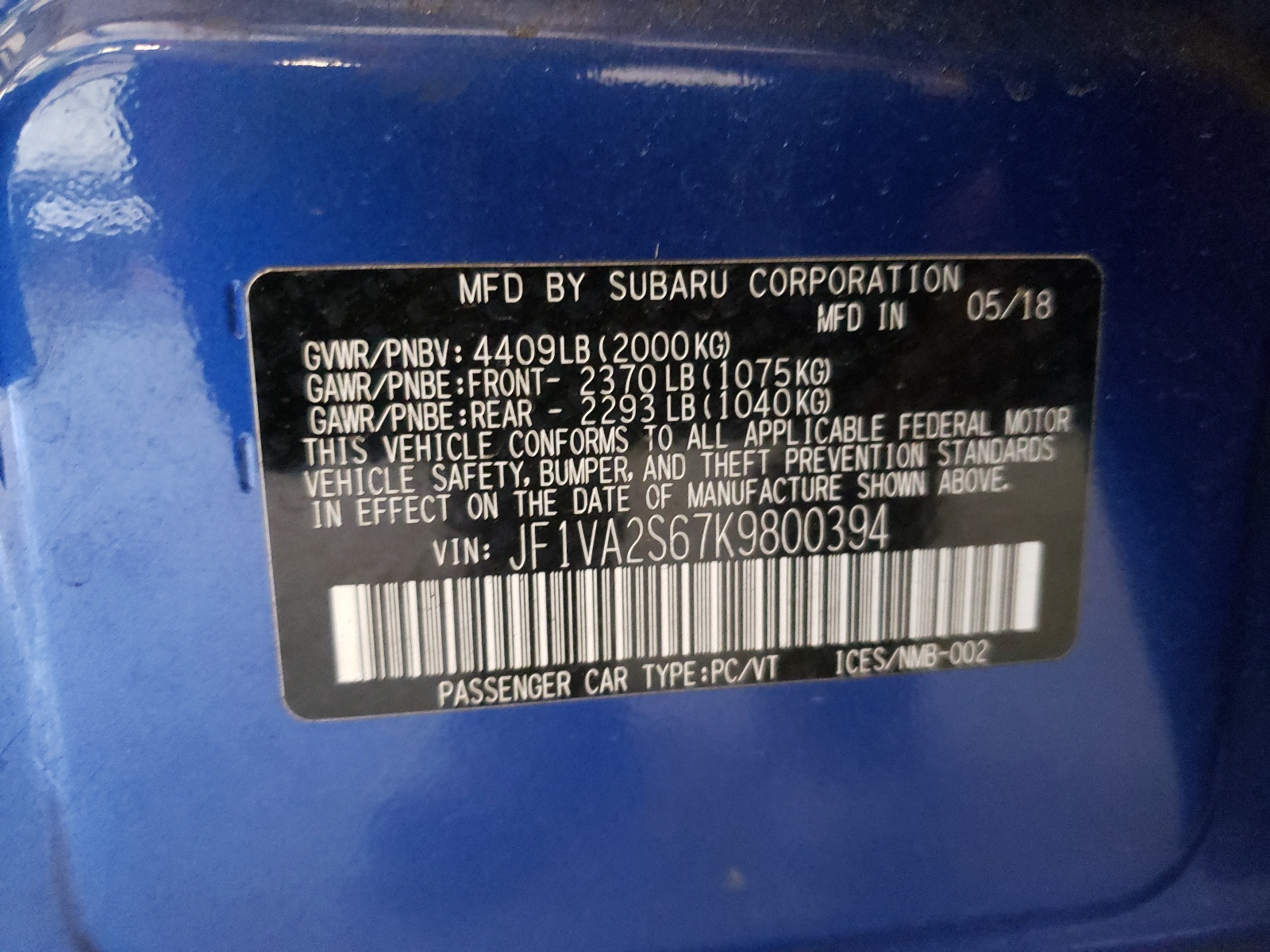 Photo 10 from auction – 2019 SUBARU WRX STI with VIN JF1VA2S67K9800394