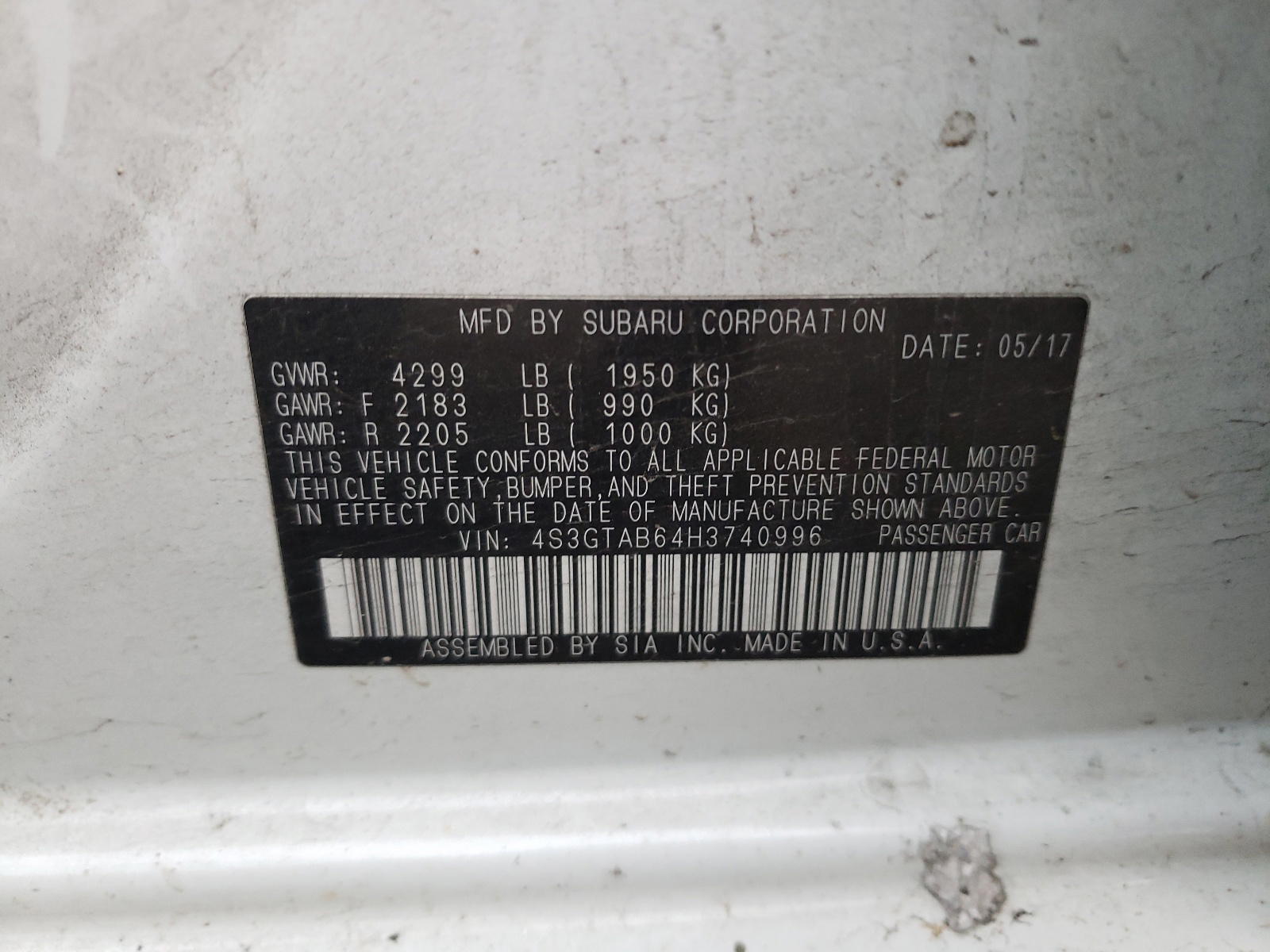 Photo 10 from auction – 2017 SUBARU IMPREZA PR with VIN 4S3GTAB64H3740996