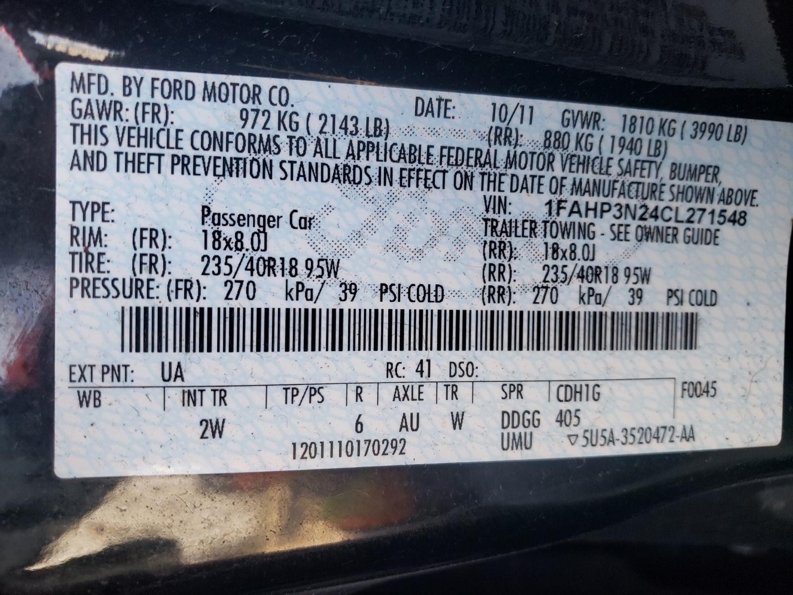 Photo 10 from auction – 2012 FORD FOCUS TITA with VIN 1FAHP3N24CL271548