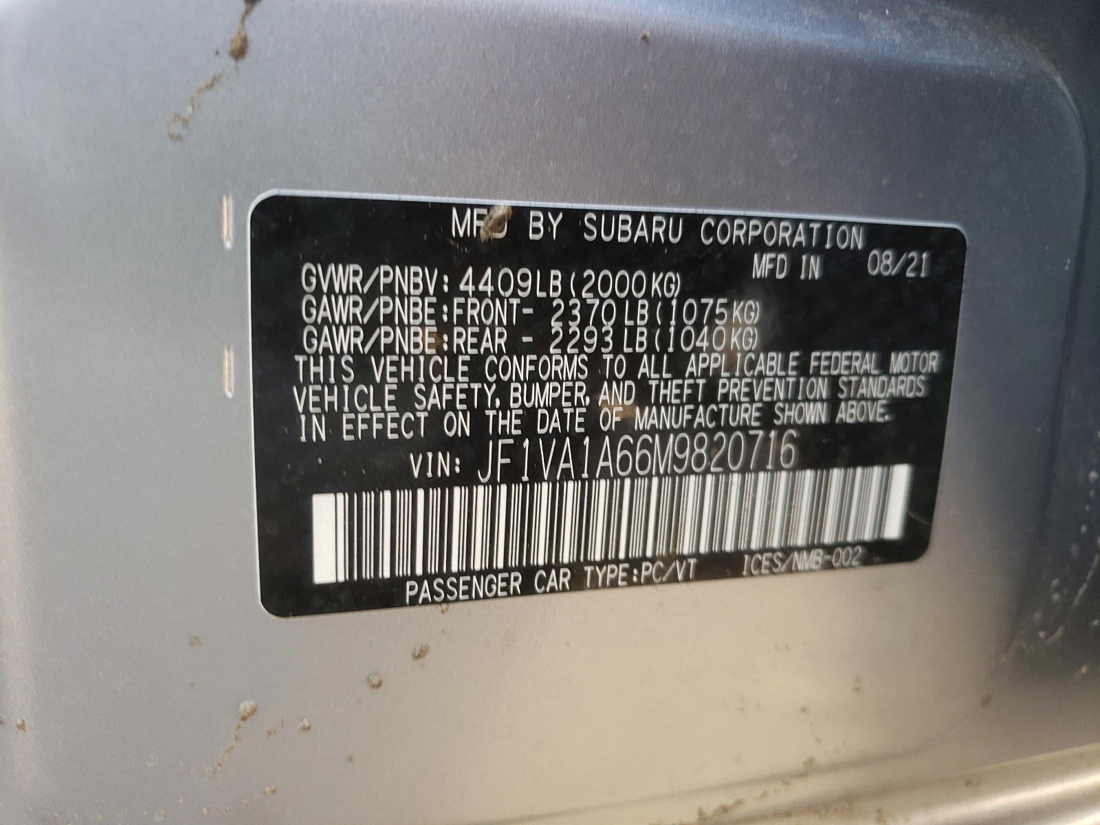 Photo 10 from auction – 2021 SUBARU WRX with VIN JF1VA1A66M9820716