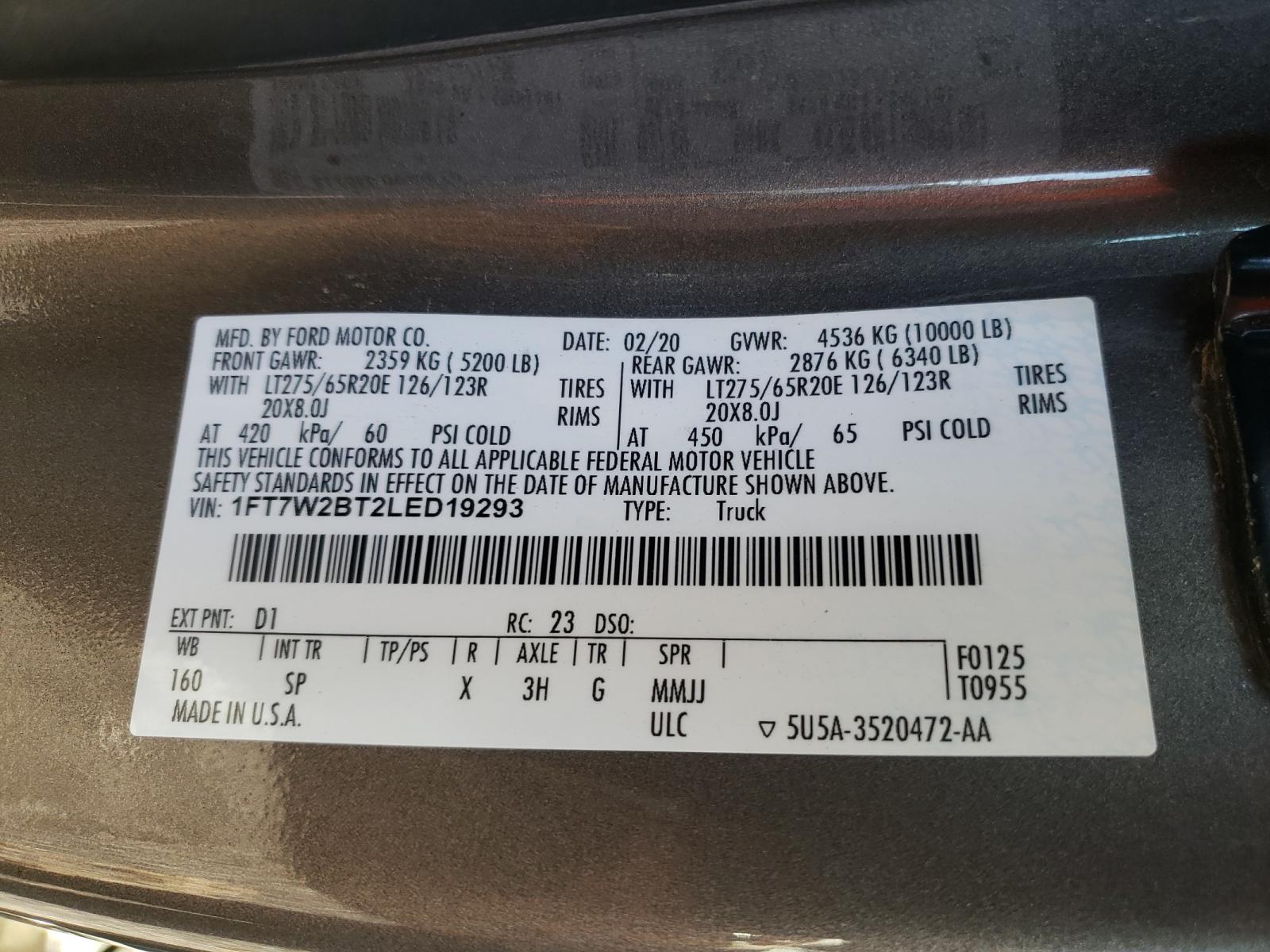 Photo 10 from auction – 2020 FORD F250 SUPER with VIN 1FT7W2BT2LED19293