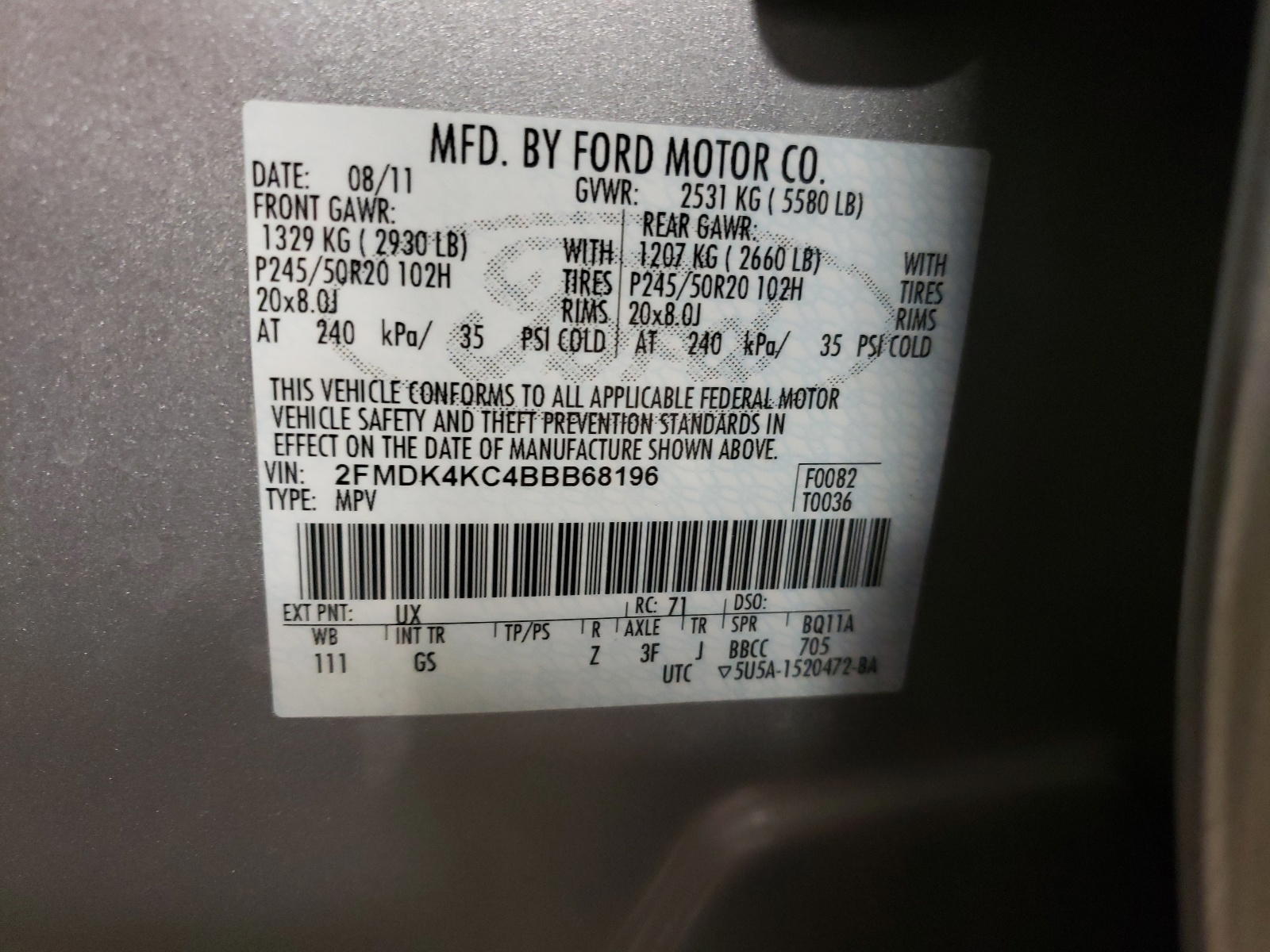 Photo 10 from auction – 2011 FORD EDGE LIMIT with VIN 2FMDK4KC4BBB68196