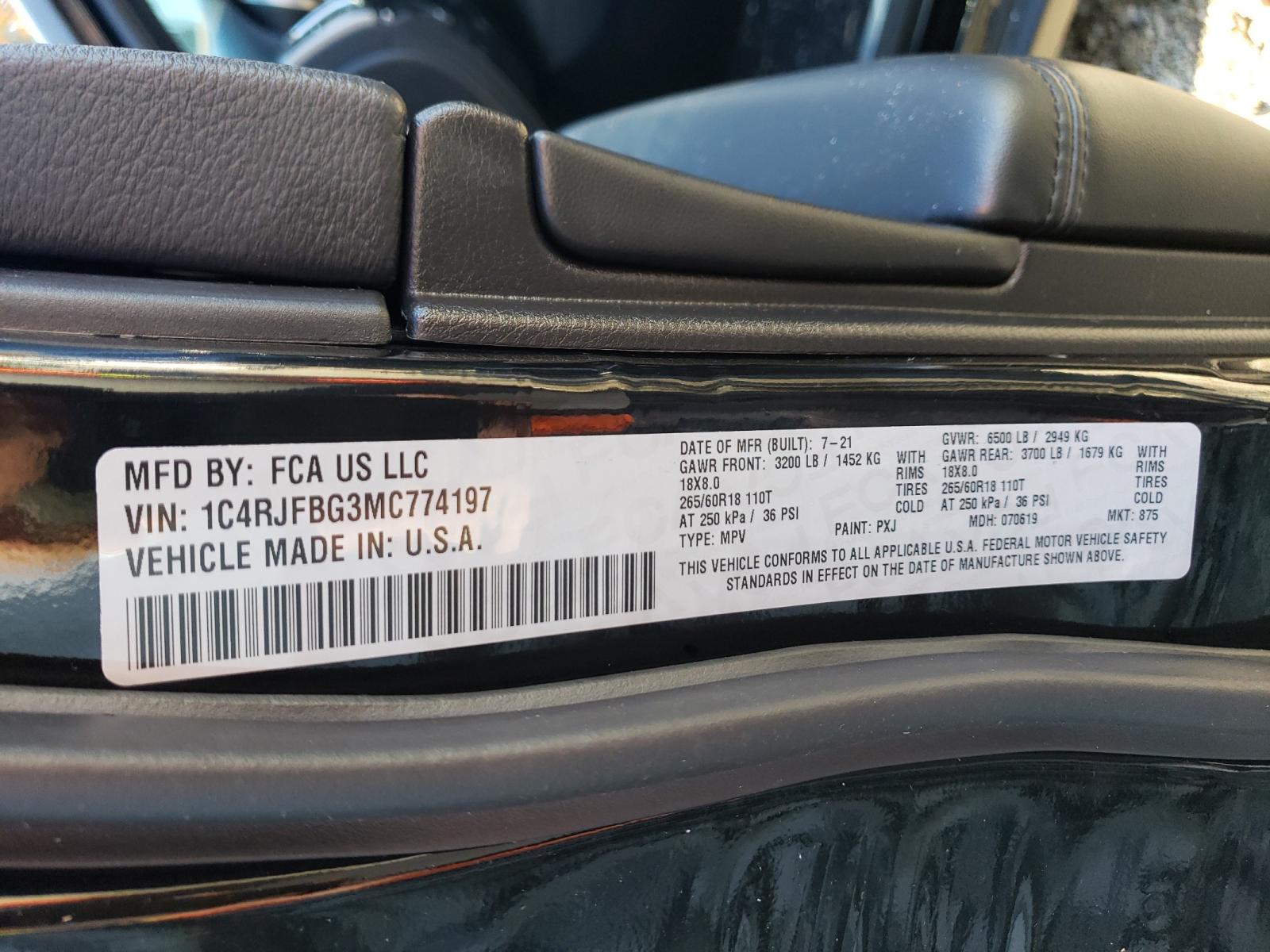 Photo 10 from auction – 2021 JEEP GRAND CHER with VIN 1C4RJFBG3MC774197