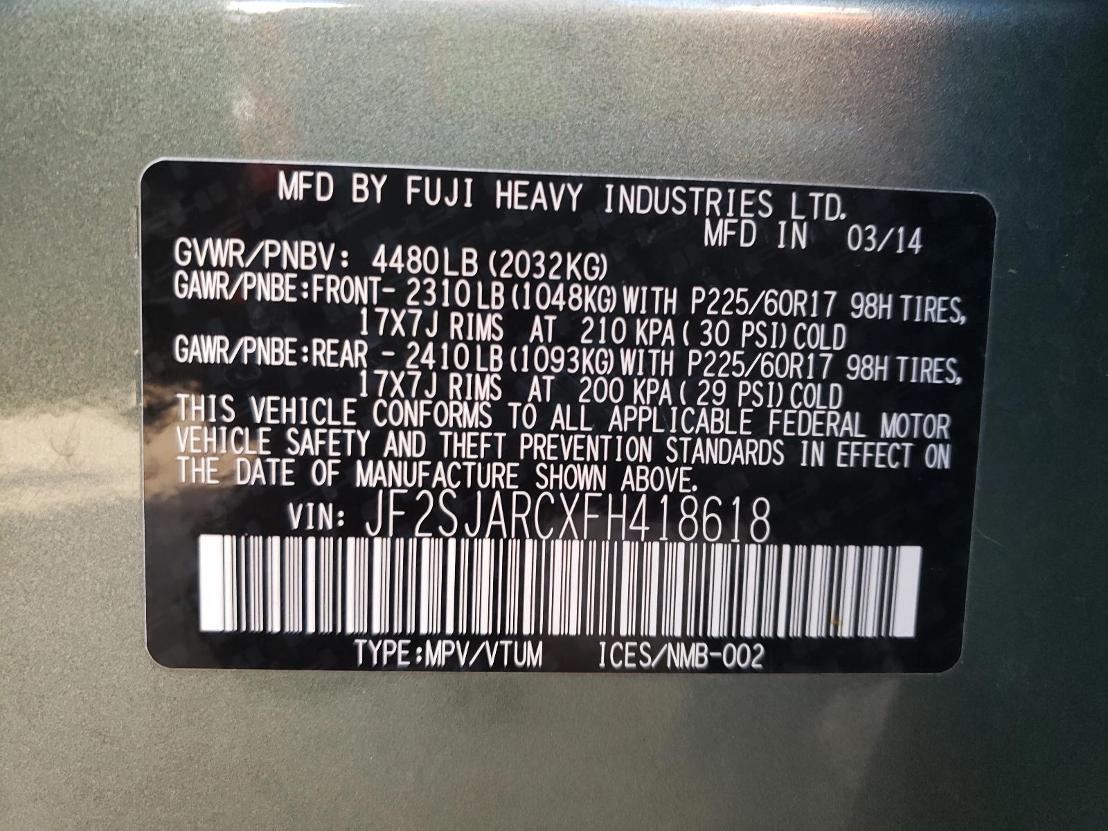 Photo 10 from auction – 2015 SUBARU FORESTER 2 with VIN JF2SJARCXFH418618