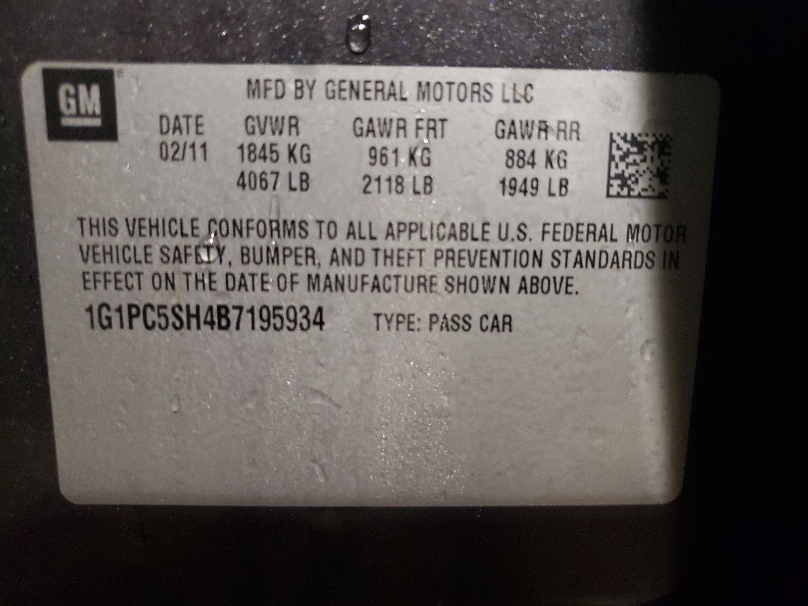 Photo 10 from auction – 2011 CHEVROLET CRUZE LS with VIN 1G1PC5SH4B7195934