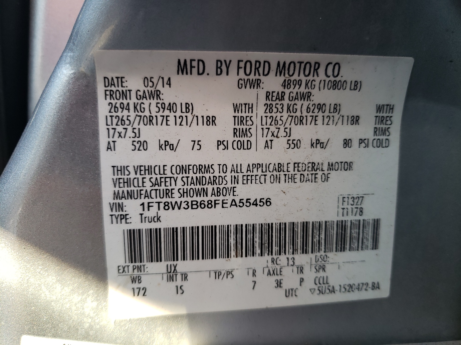 Photo 10 from auction – 2015 FORD F350 SUPER with VIN 1FT8W3B68FEA55456