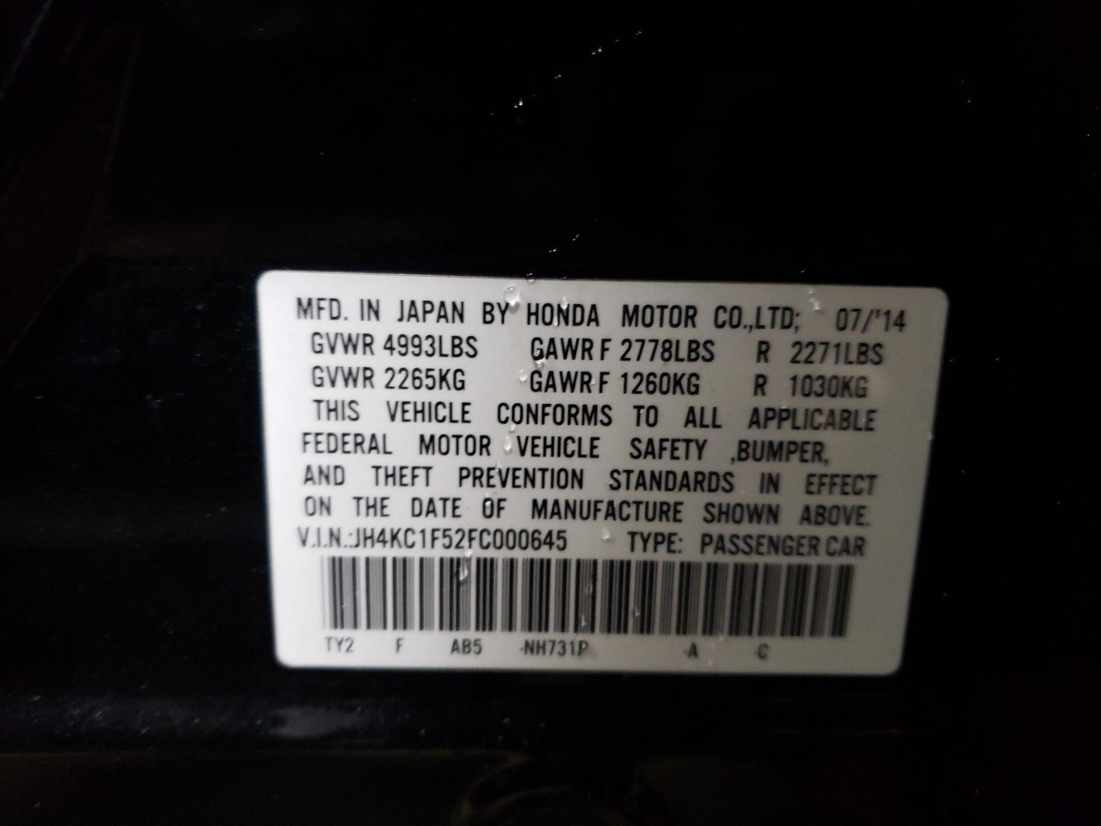 Photo 10 from auction – 2015 ACURA RLX TECH with VIN JH4KC1F52FC000645
