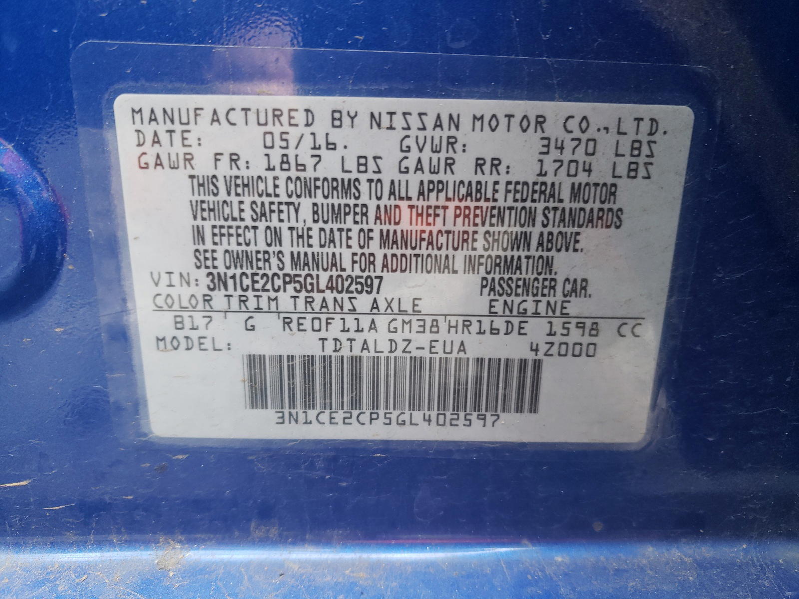 Photo 10 from auction – 2016 NISSAN VERSA NOTE with VIN 3N1CE2CP5GL402597