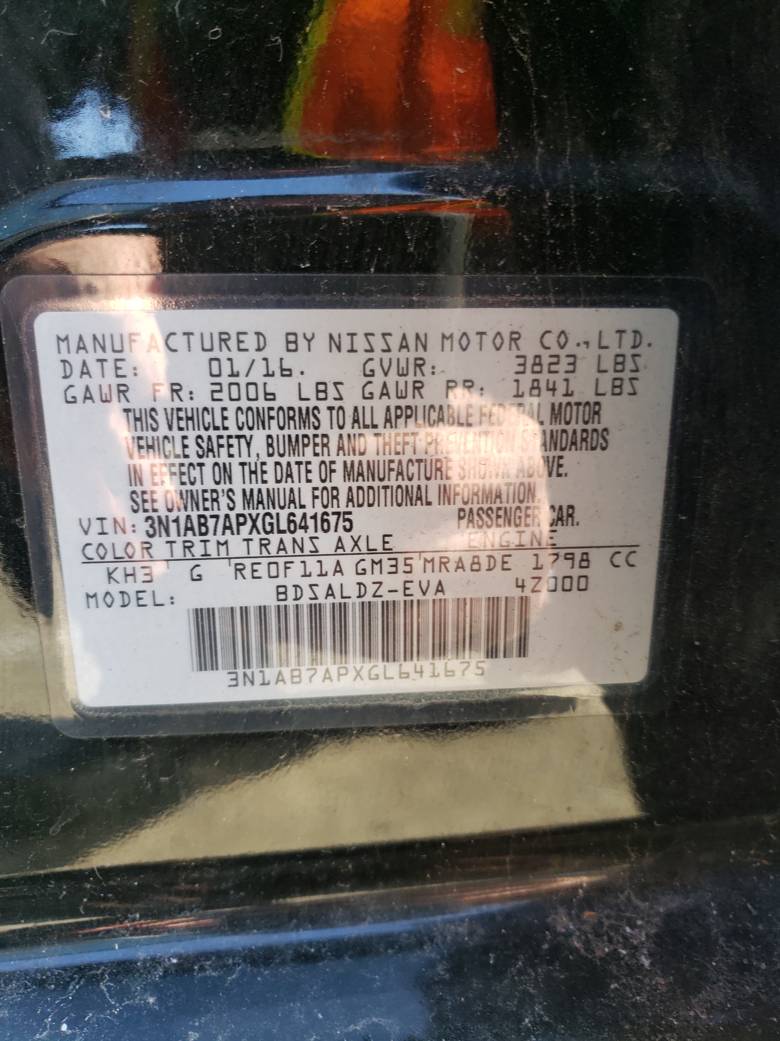 Photo 10 from auction – 2016 NISSAN SENTRA with VIN 3N1AB7AP3FY307246