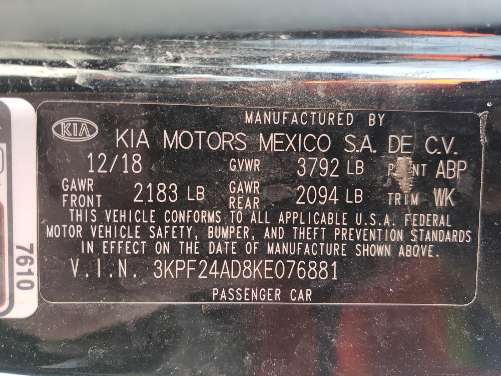 Photo 10 from auction – 2019 KIA FORTE FE with VIN 3KPF24AD8KE076881