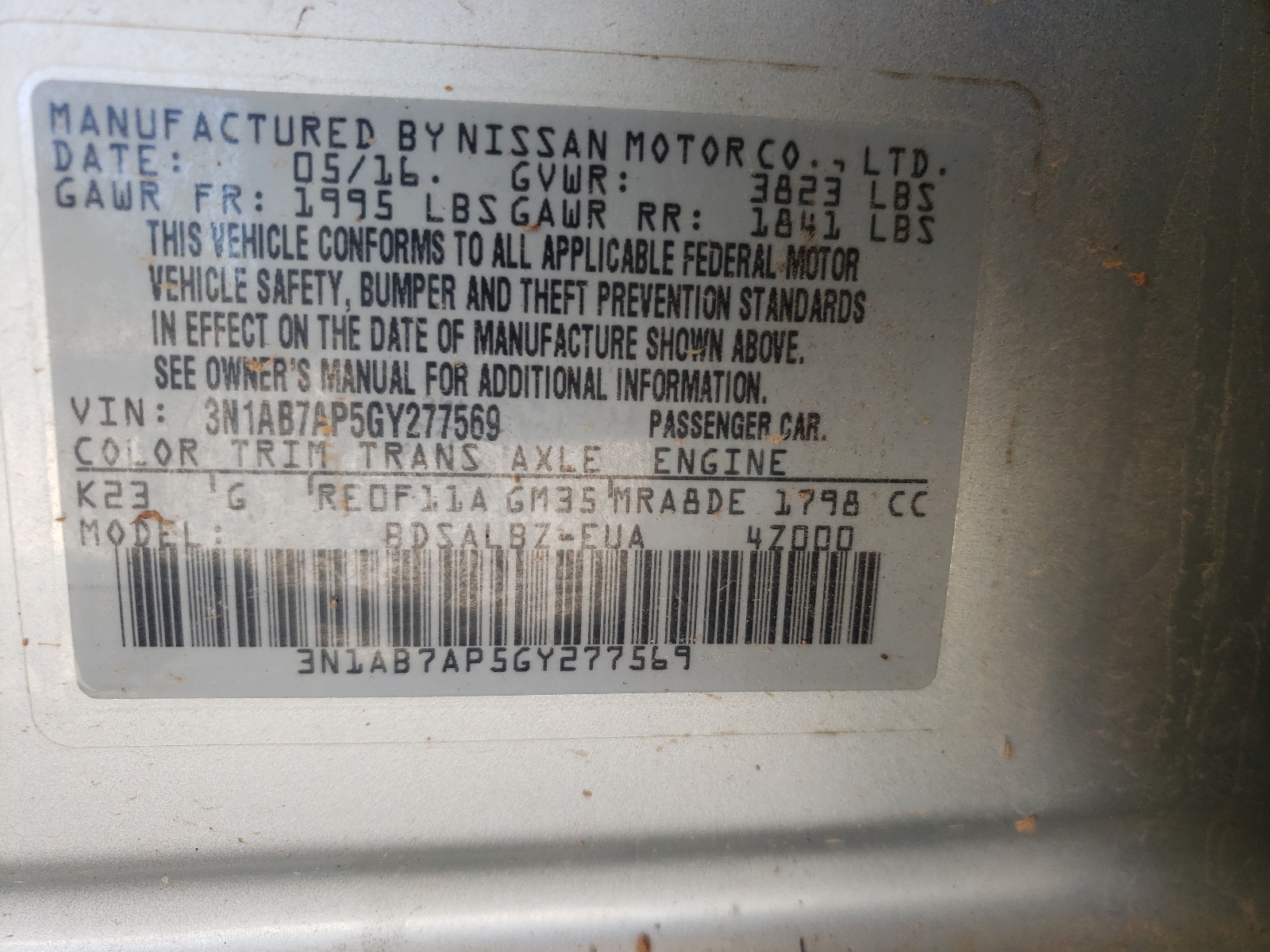 Photo 10 from auction – 2016 NISSAN SENTRA S with VIN 3N1AB7AP5GY277569