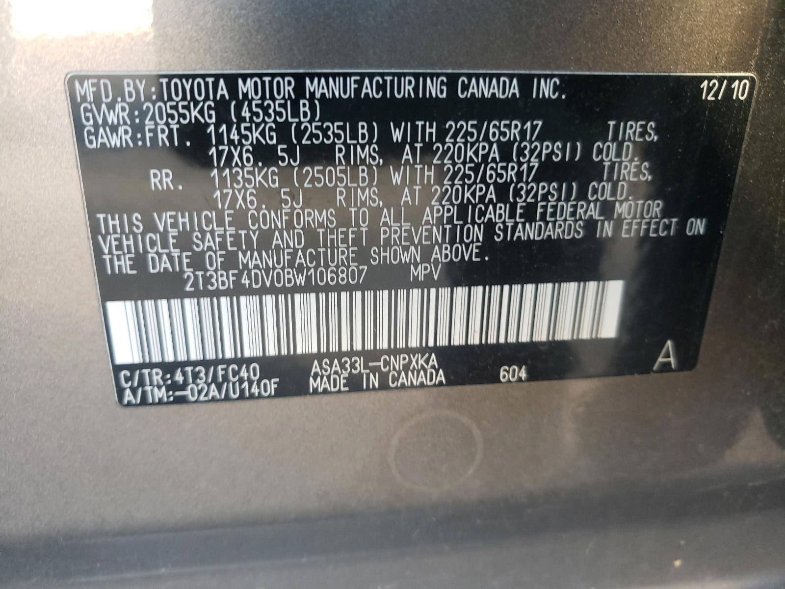 Photo 10 from auction – 2011 TOYOTA RAV4 with VIN 2T3BF4DV0BW106807