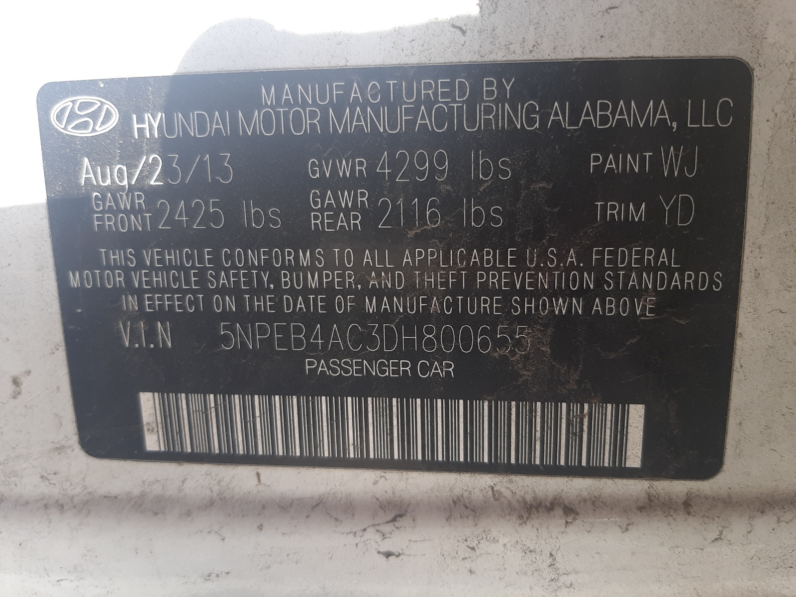 Photo 10 from auction – 2013 HYUNDAI SONATA GLS with VIN 5NPEB4AC3DH800655