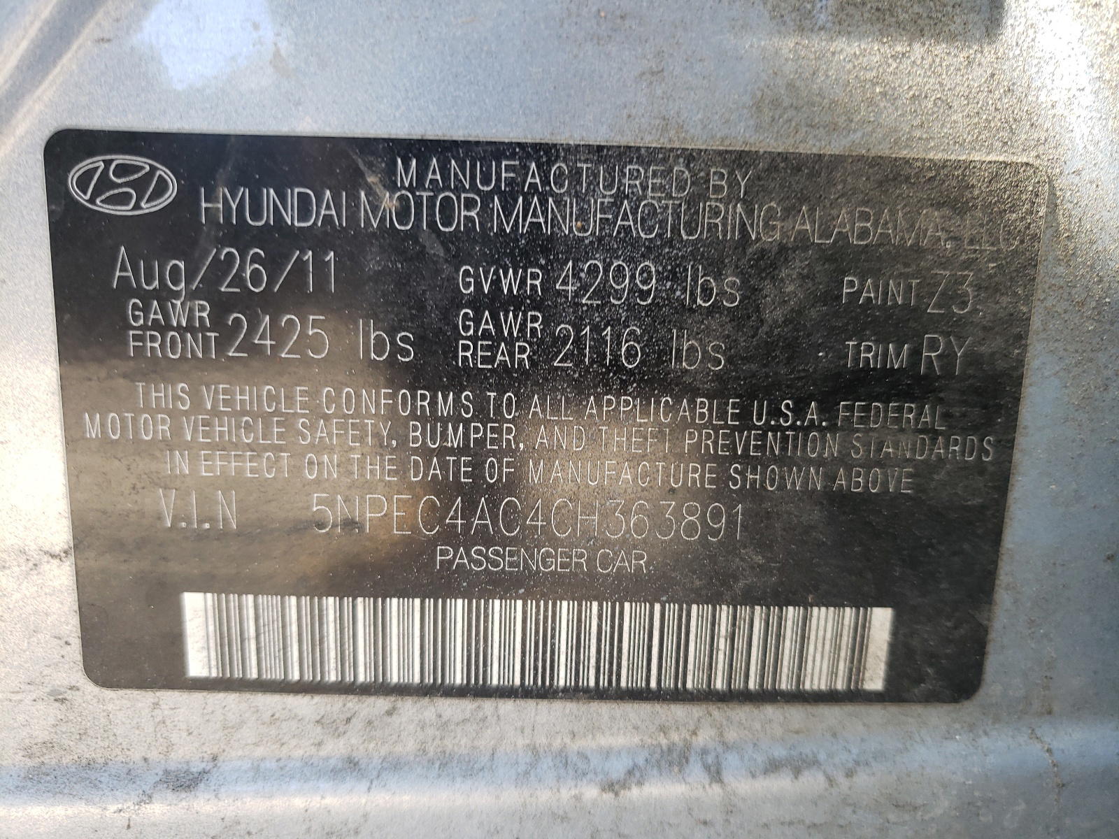 Photo 10 from auction – 2012 HYUNDAI SONATA SE with VIN 5NPEC4AC4CH363891
