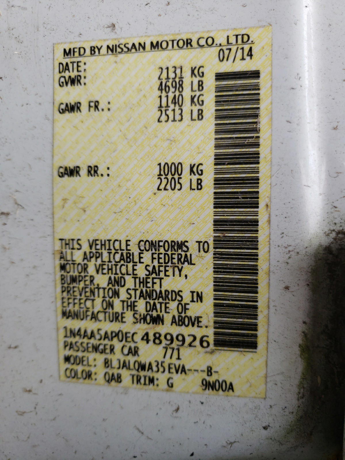 Photo 10 from auction – 2014 NISSAN MAXIMA S with VIN 1N4AA5AP0EC489926