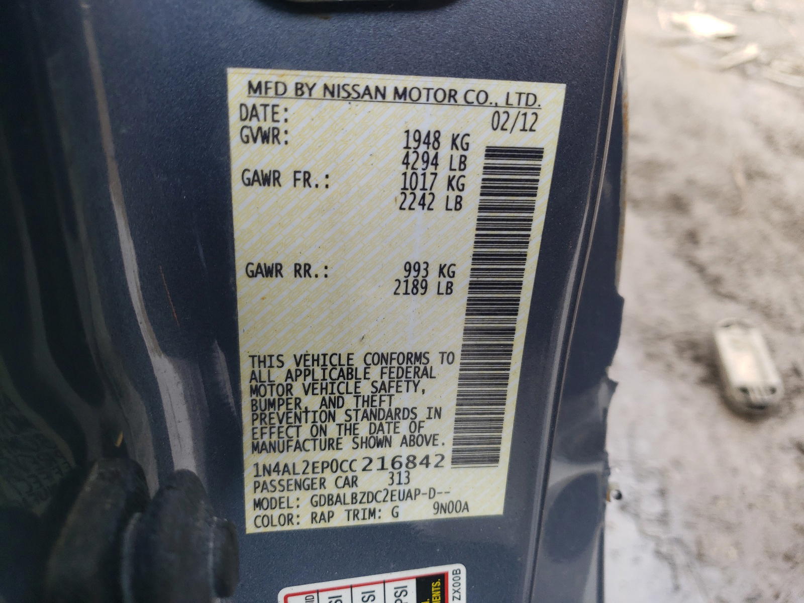 Photo 10 from auction – 2012 NISSAN ALTIMA S with VIN 1N4AL2EP0CC216842