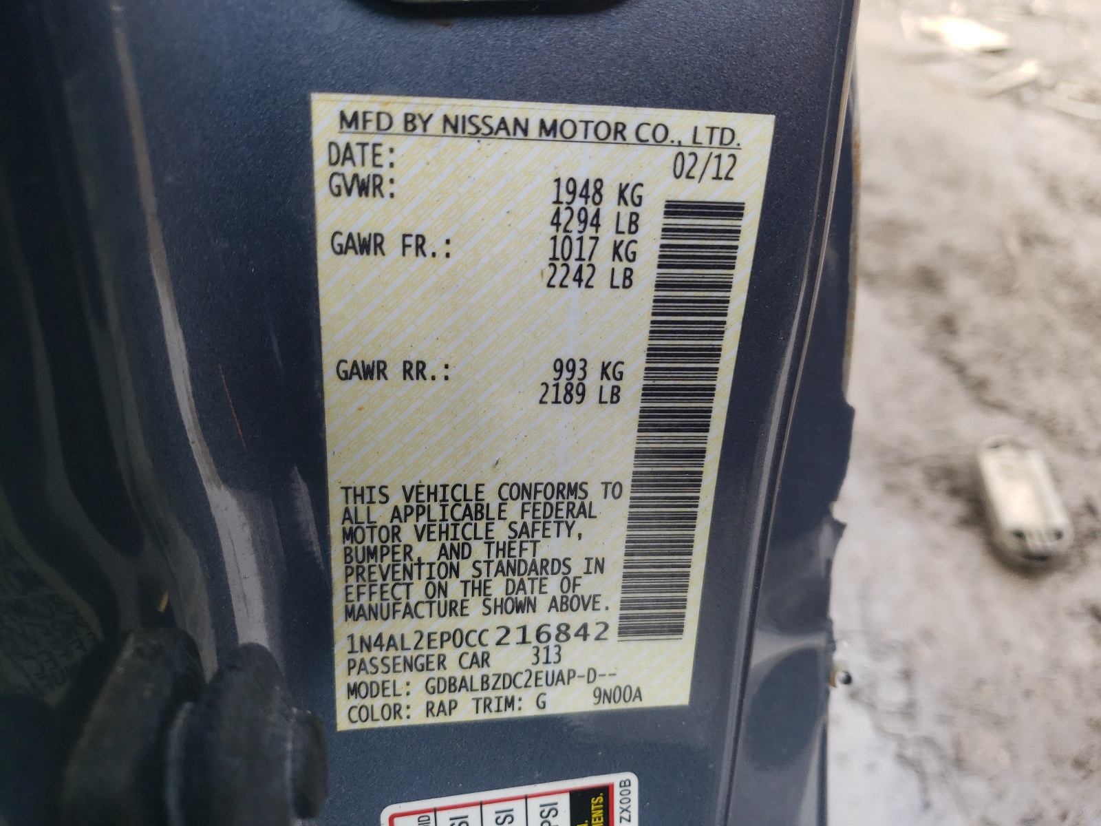 Zdjęcie 10 z aukcji – 2012 NISSAN ALTIMA S z VIN 1N4AL2EP0CC216842