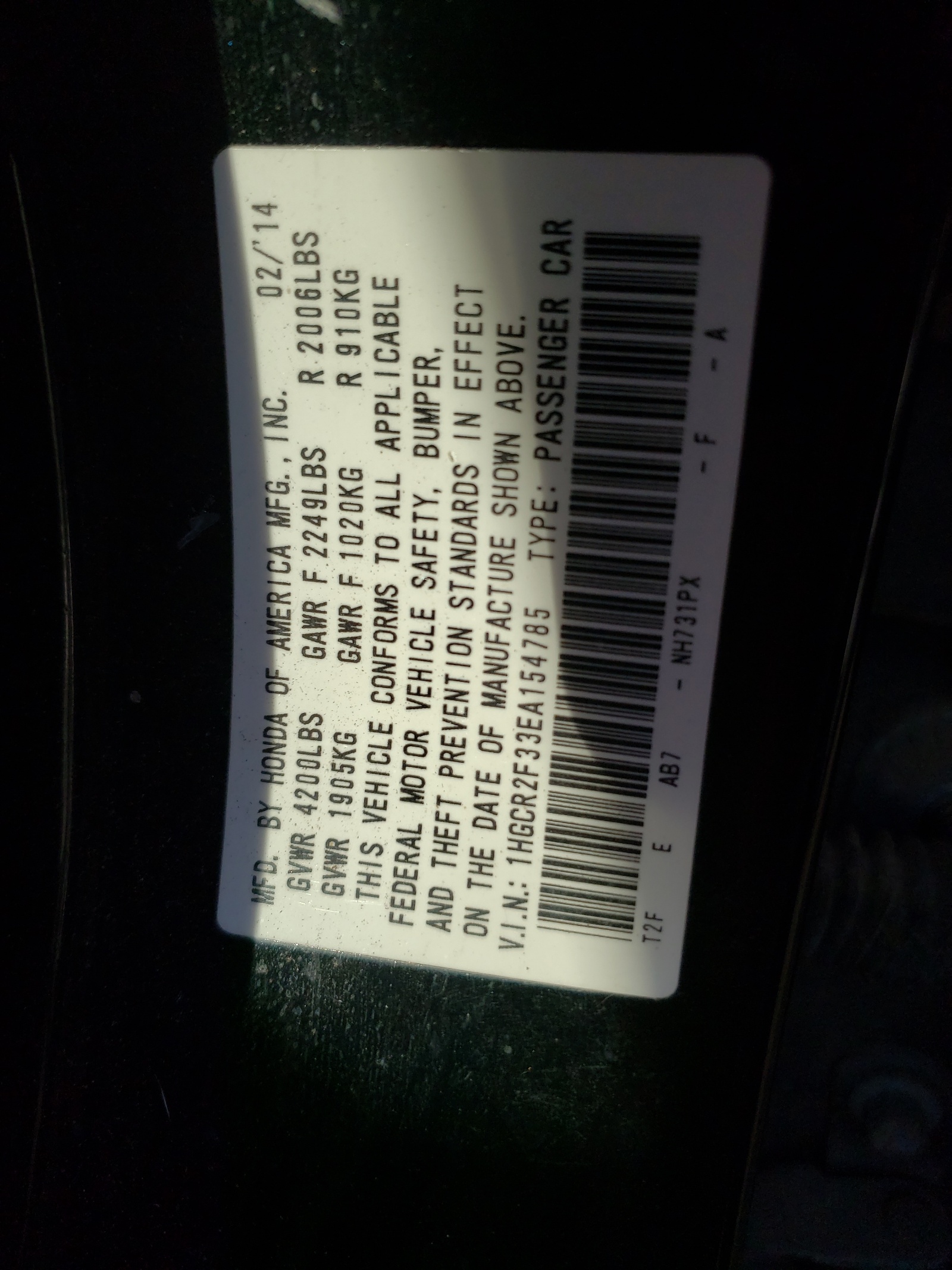 Photo 10 from auction – 2014 HONDA ACCORD LX with VIN 1HGCR2F33EA154785