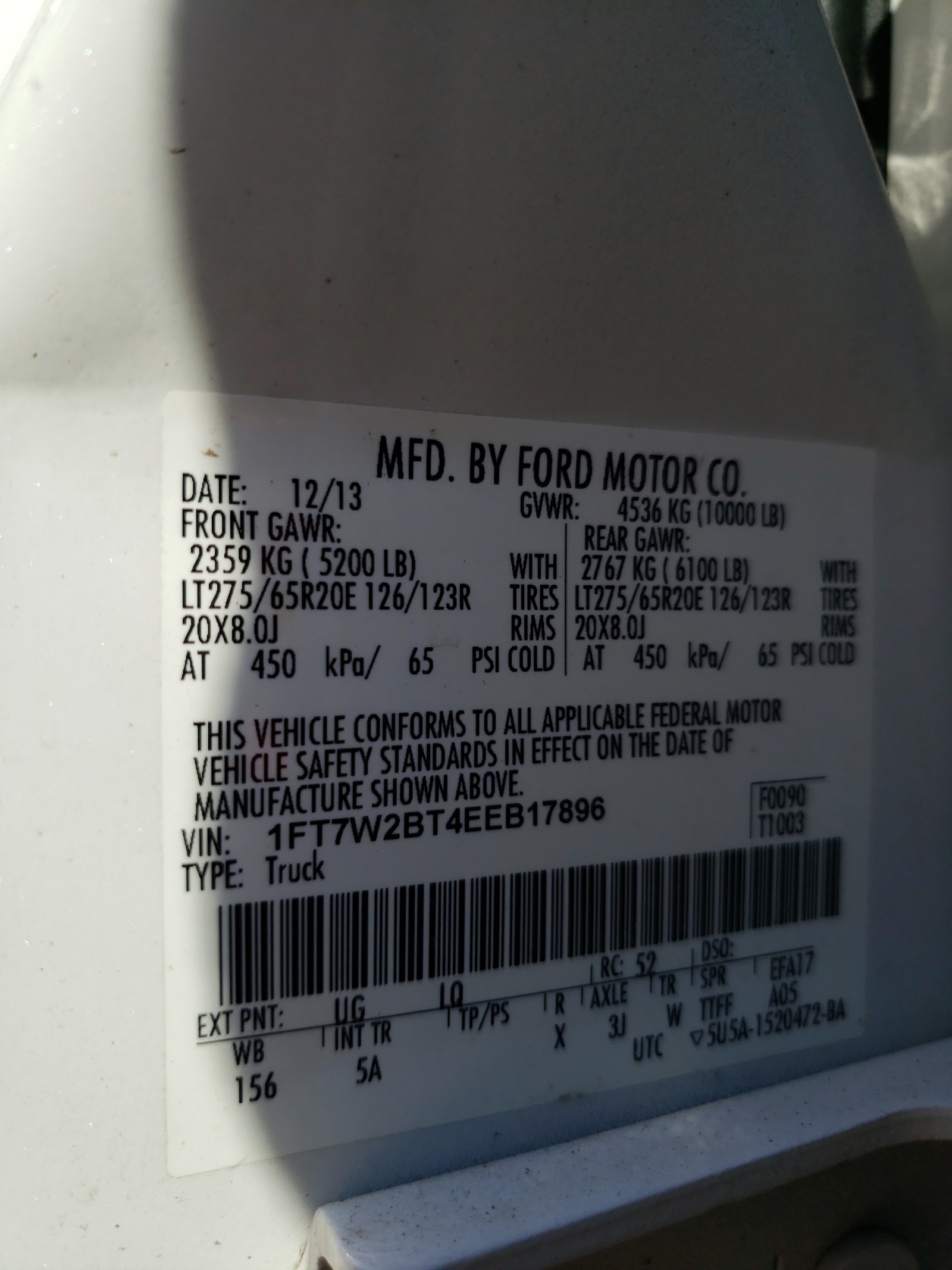 Photo 10 from auction – 2014 FORD F250 SUPER with VIN 1FT7W2BT4EEB17896