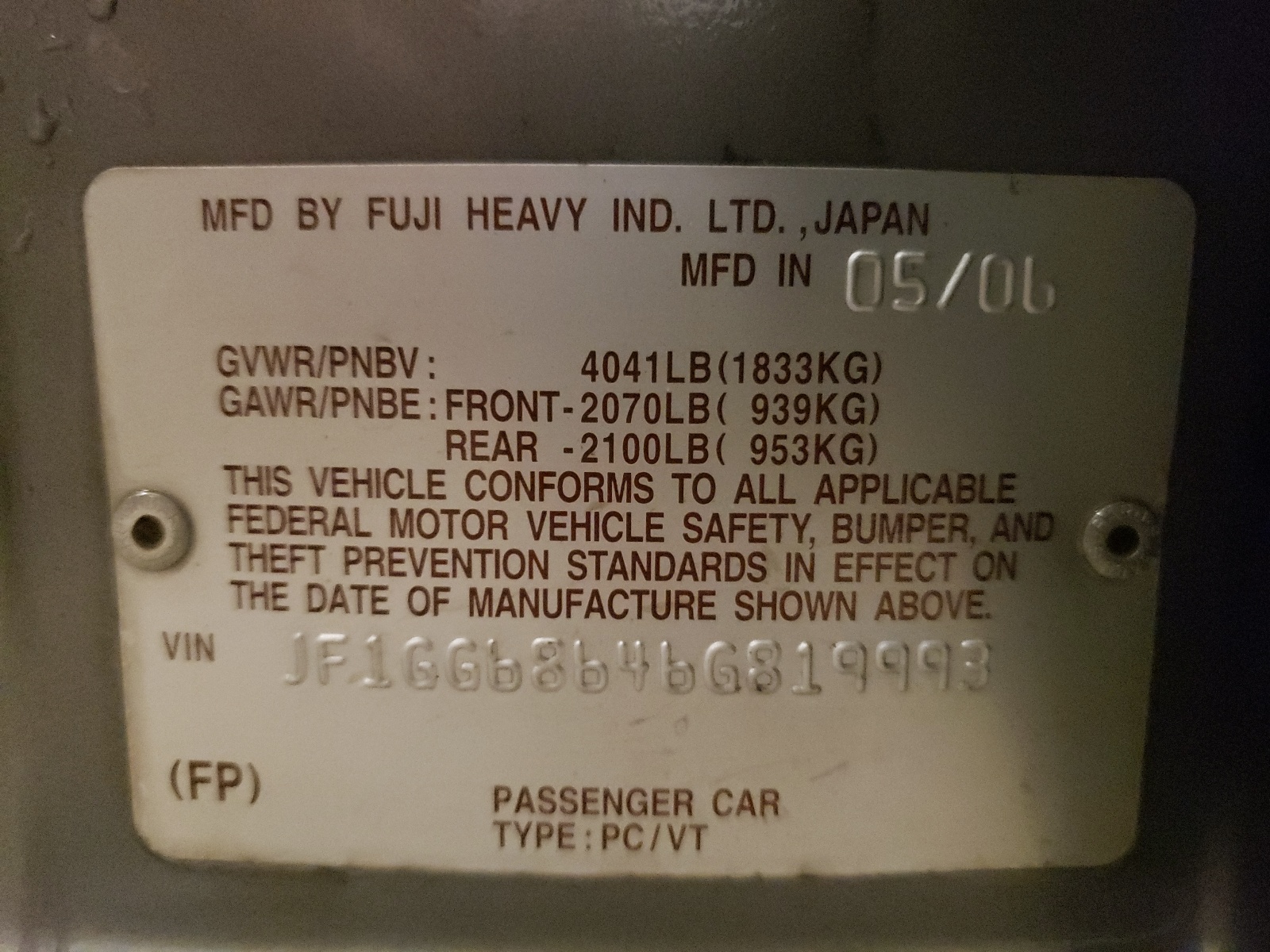 Photo 10 from auction – 2006 SUBARU IMPREZA OU with VIN JF1GG68646G819993