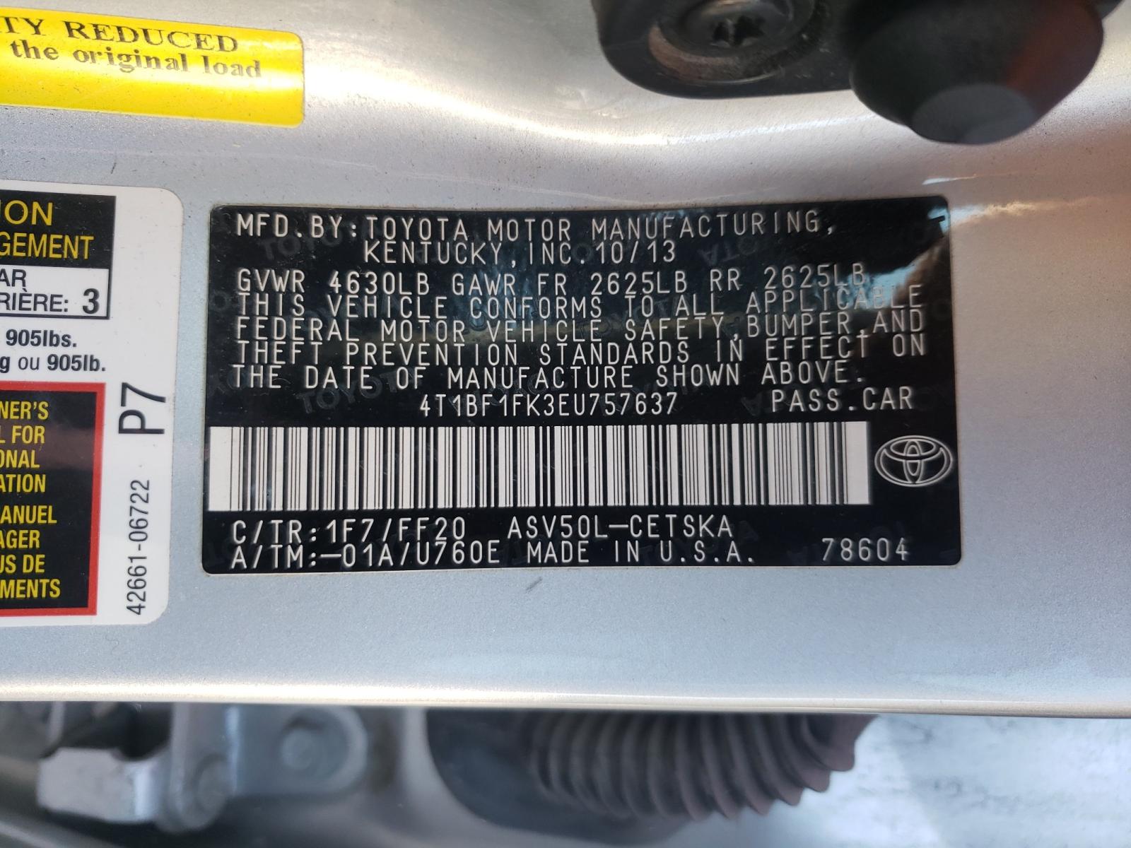 Photo 10 from auction – 2014 TOYOTA CAMRY L with VIN 4T1BF1FK3EU757637