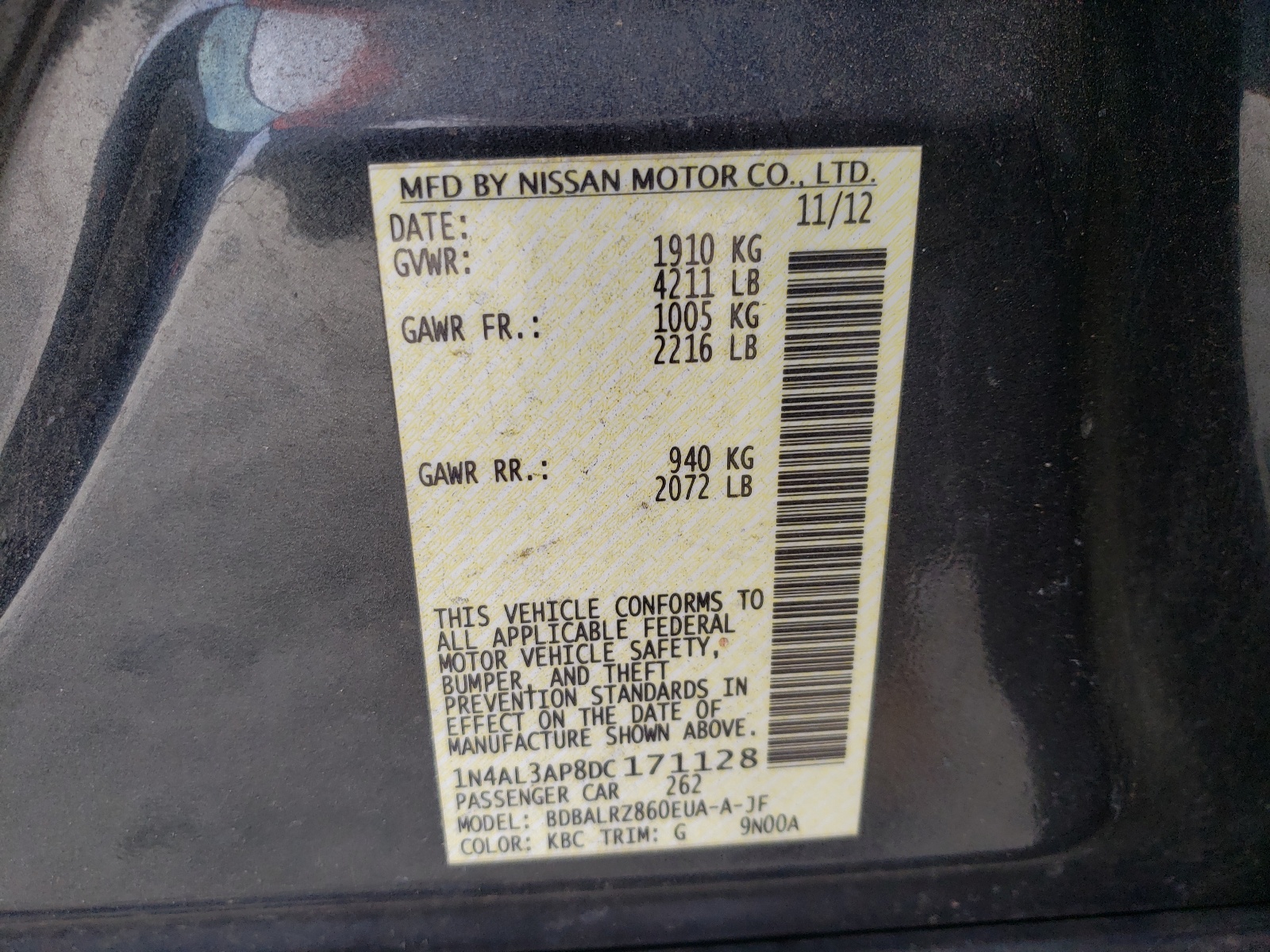 Photo 10 from auction – 2013 NISSAN ALTIMA 2.5 with VIN 1N4AL3AP8DC171128