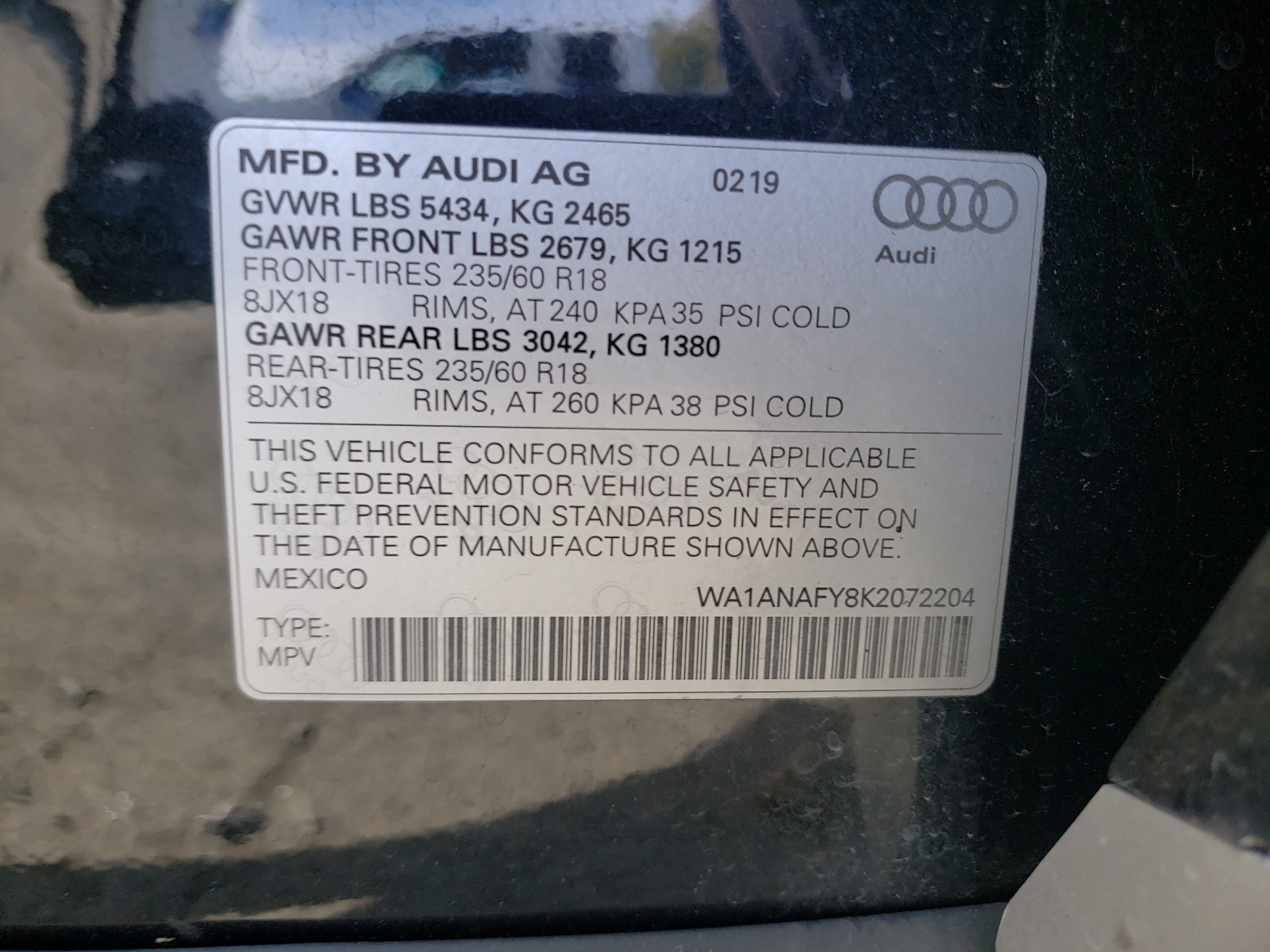 Photo 10 from auction – 2019 AUDI Q5 PREMIUM with VIN WA1ANAFY8K2072204