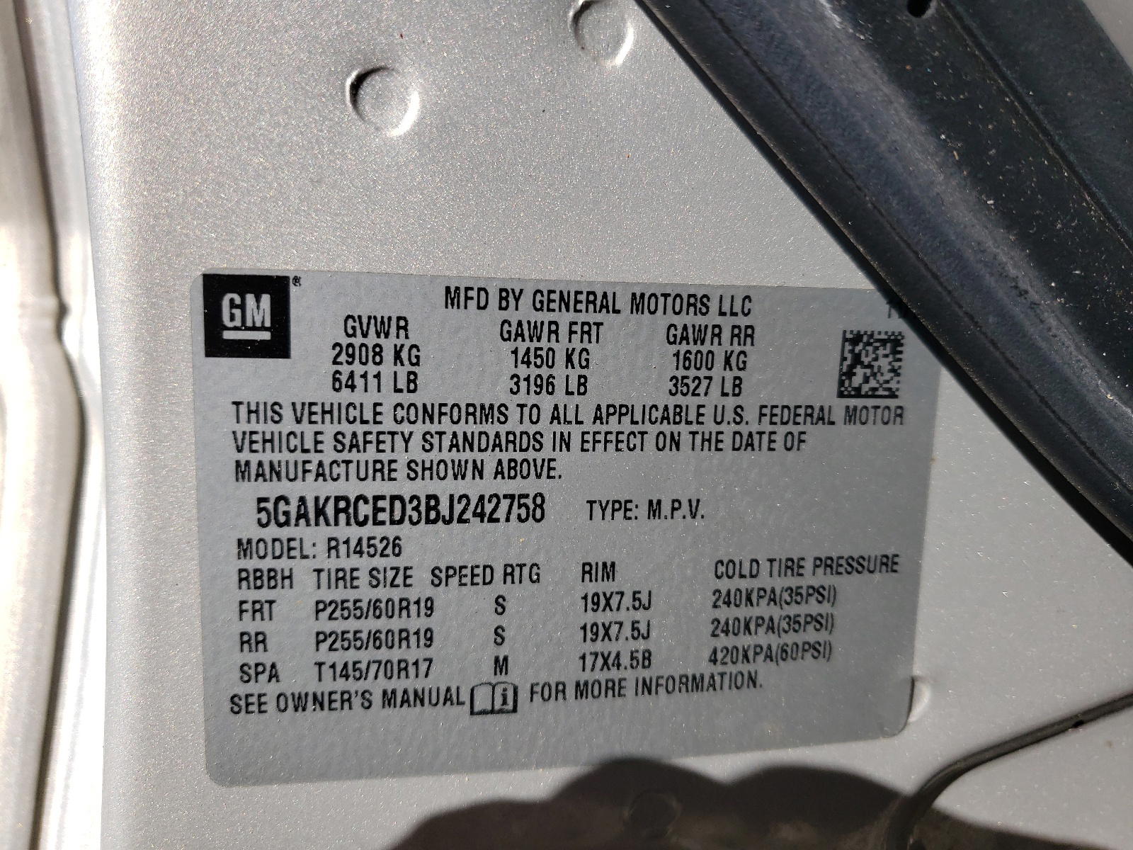 Photo 10 from auction – 2011 BUICK ENCLAVE CX with VIN 5GAKRCED3BJ242758