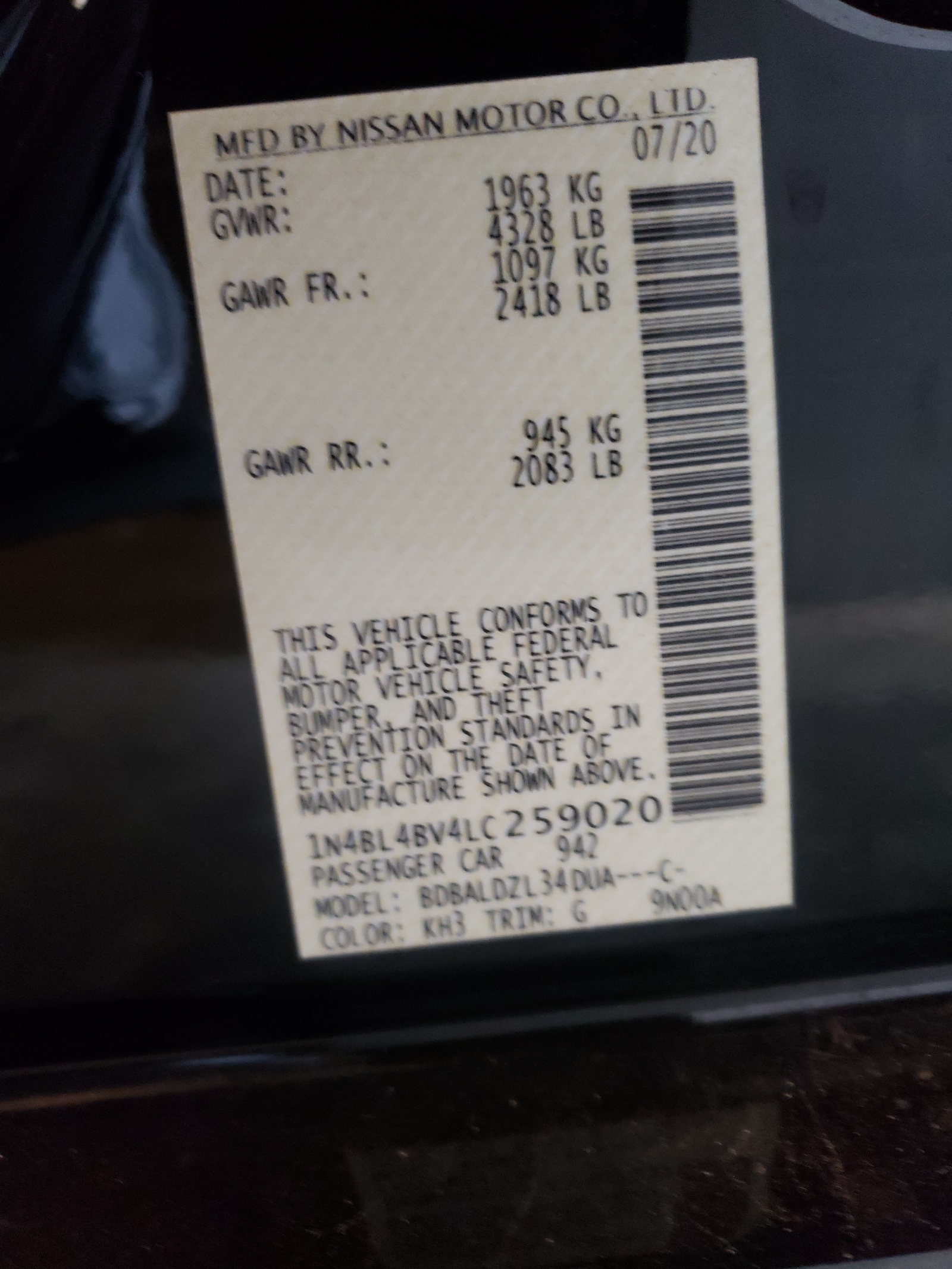 Photo 10 from auction – 2020 NISSAN ALTIMA S with VIN 1N4BL4BV4LC259020