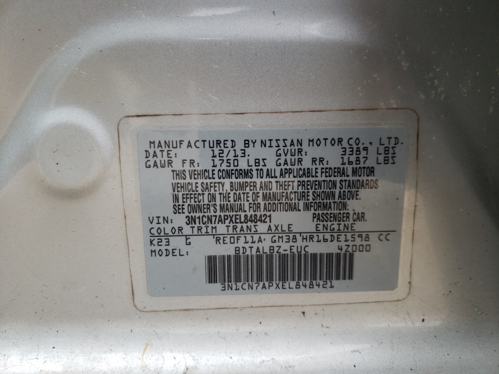 Photo 10 from auction – 2014 NISSAN VERSA S with VIN 3N1CN7APXEL848421